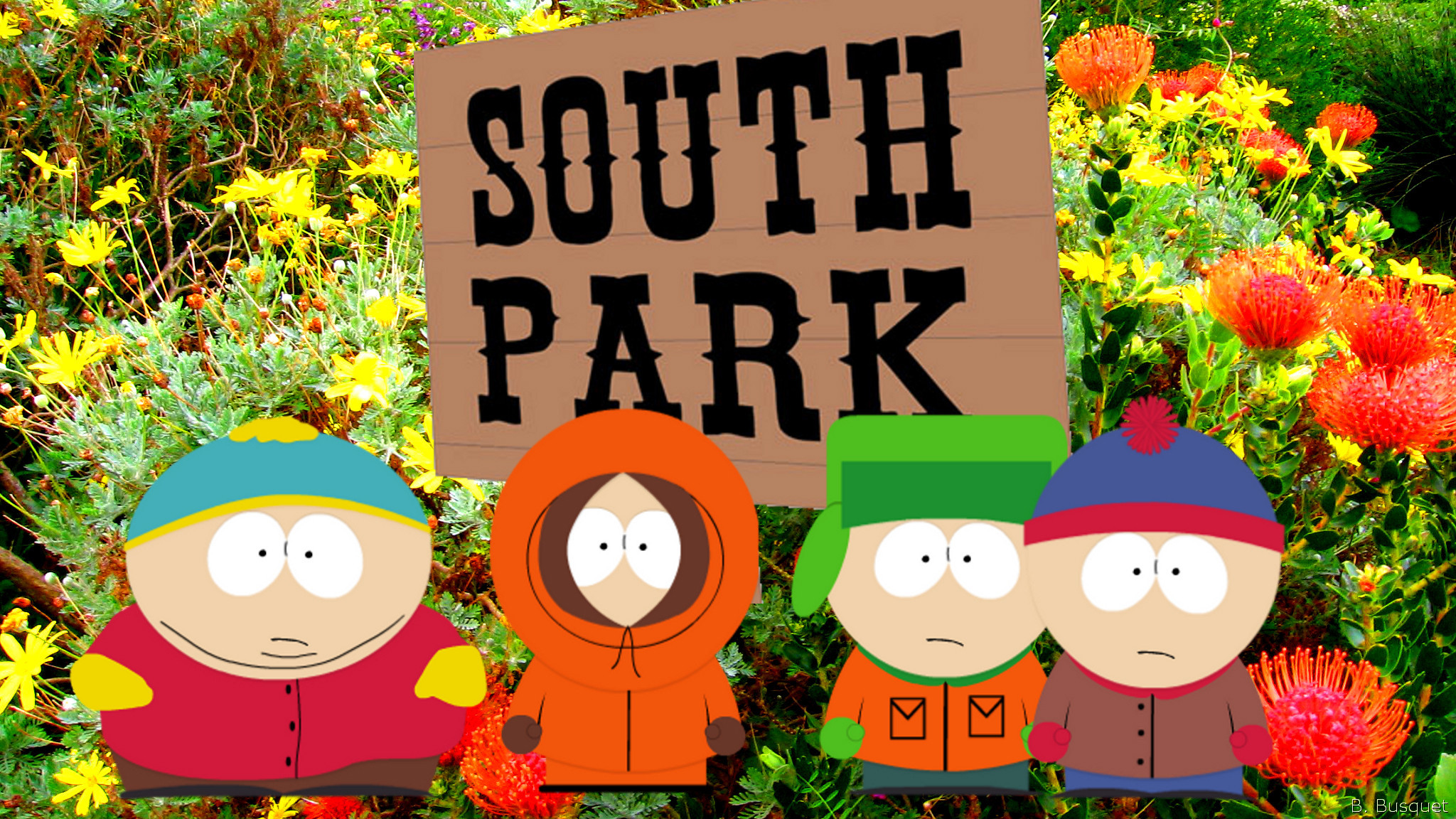South Park, Cartello, Eric Cartman, Kenny McCormick, Kyle Broflovski, Stan Marsh, Fiori, sfondo Full HD