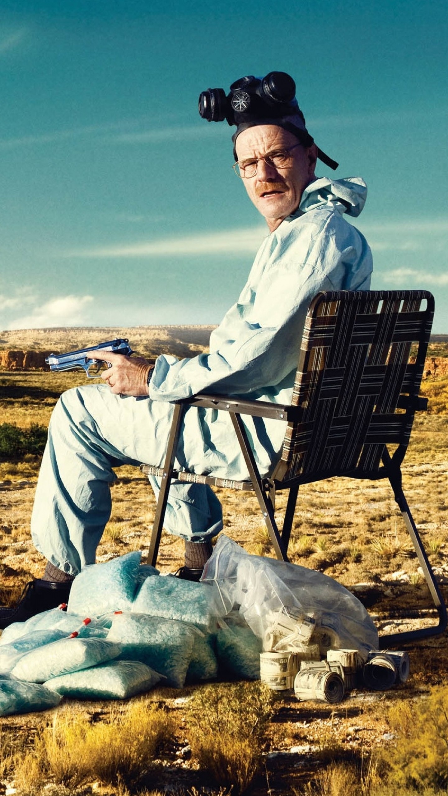 Walter White, Breaking Bad, Deserto, Tuta protettiva, Pistola, QHD+, schermata di blocco del cellulare