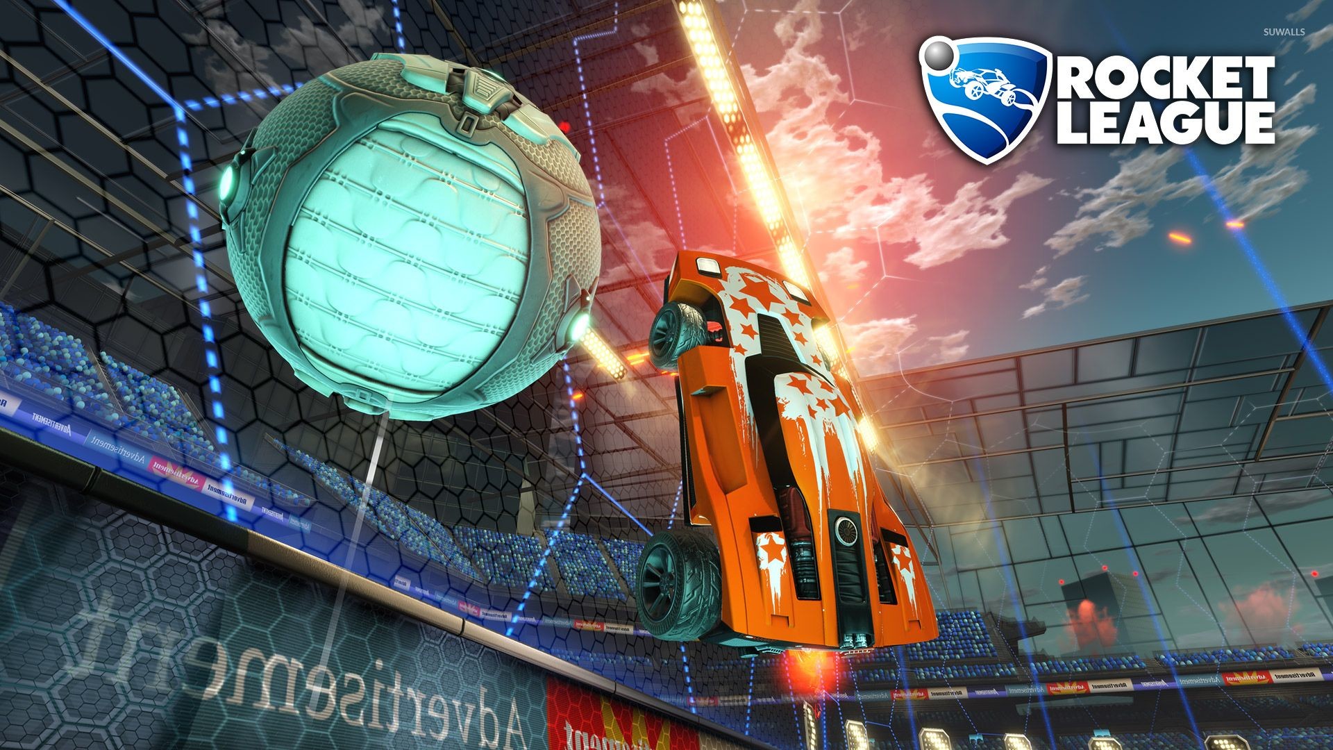 Rocket League, Logo, Pallone, Auto arancione, Stadio, Full HD 1080p, sfondo desktop