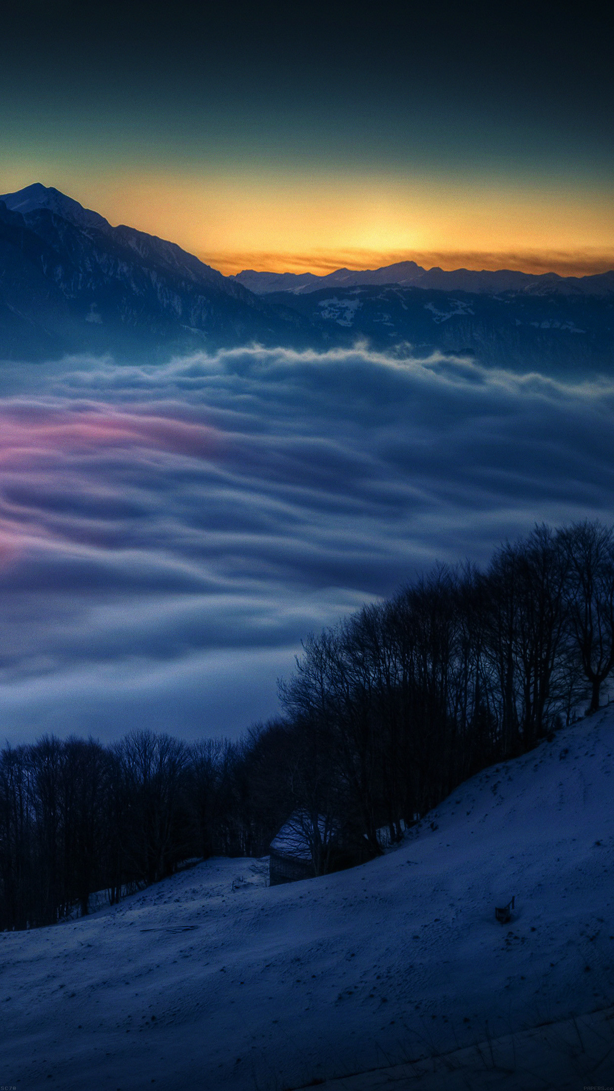 Mare di nuvole, Montagne, Neve, Tramonto, Full HD, sfondo verticale per cellulare