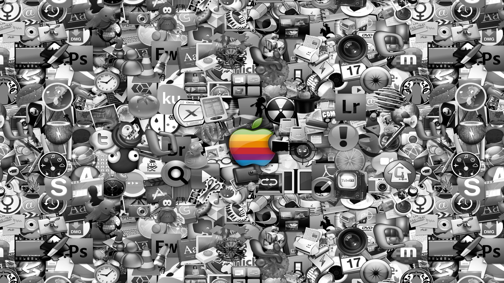 Logo Apple, Icone, Collage, Bianco e nero, Full HD, wallpaper Mac