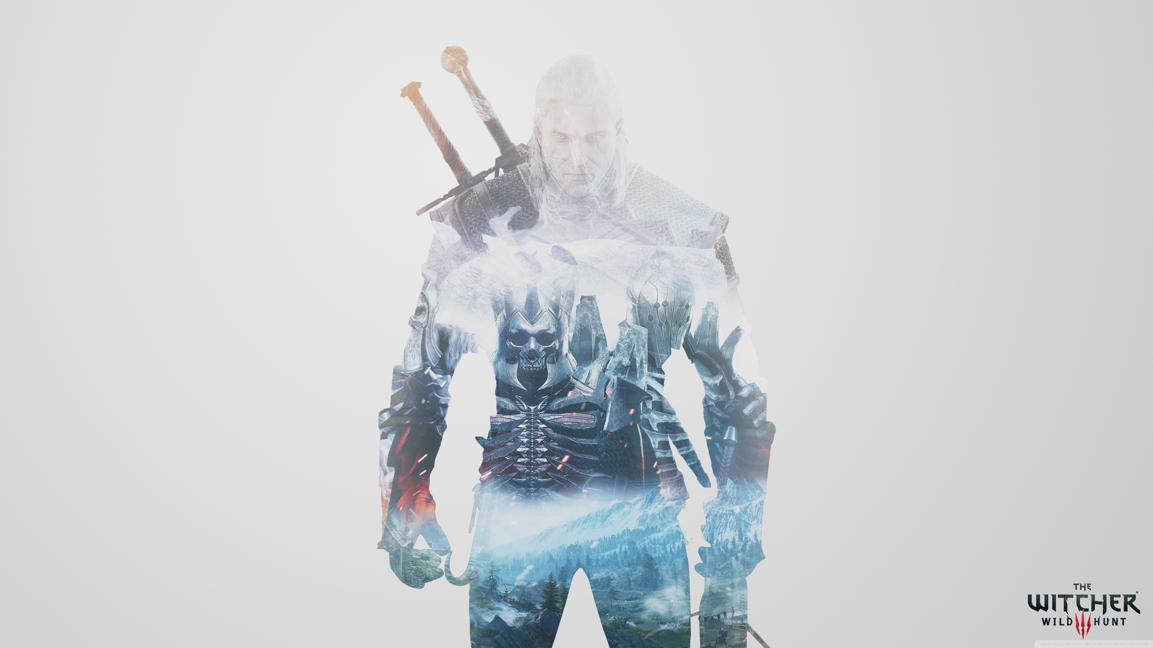 Geralt di Rivia, The Witcher 3: Wild Hunt, Doppia esposizione, Sfondo bianco, wallpaper desktop
