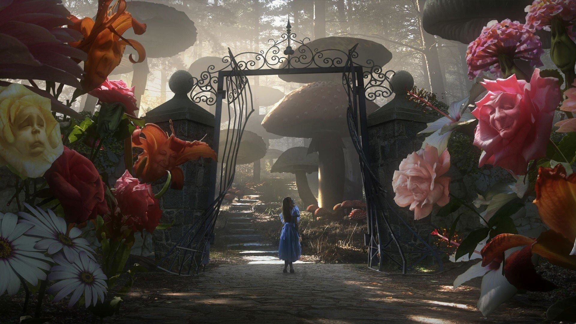Alice in Wonderland (2010), Cancello, Fiori giganti, Giardino, Full HD, sfondo per portatile