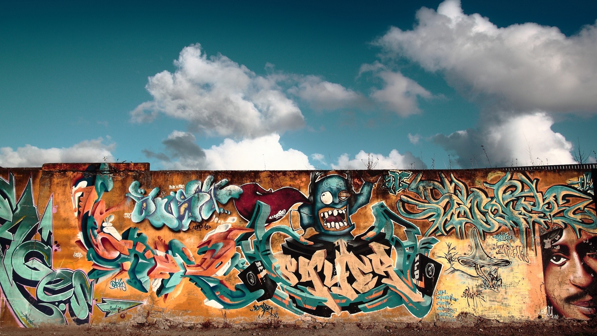 Graffiti, Muro, Cielo, Nuvole, Murale, 16:9 Full HD, sfondo widescreen