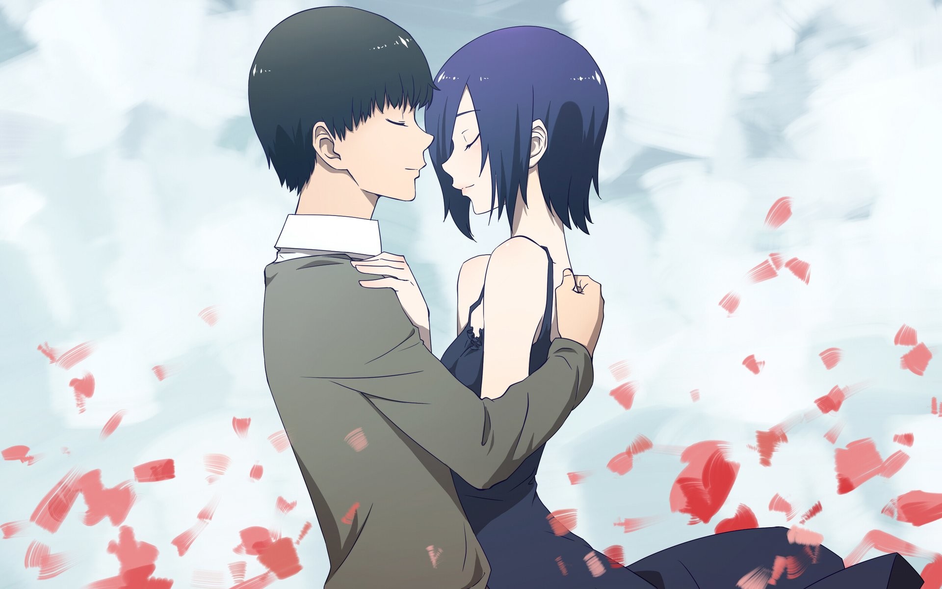 Ken Kaneki, Touka Kirishima, Tokyo Ghoul, Abbraccio, Petali, 1920x1200, sfondo per PC