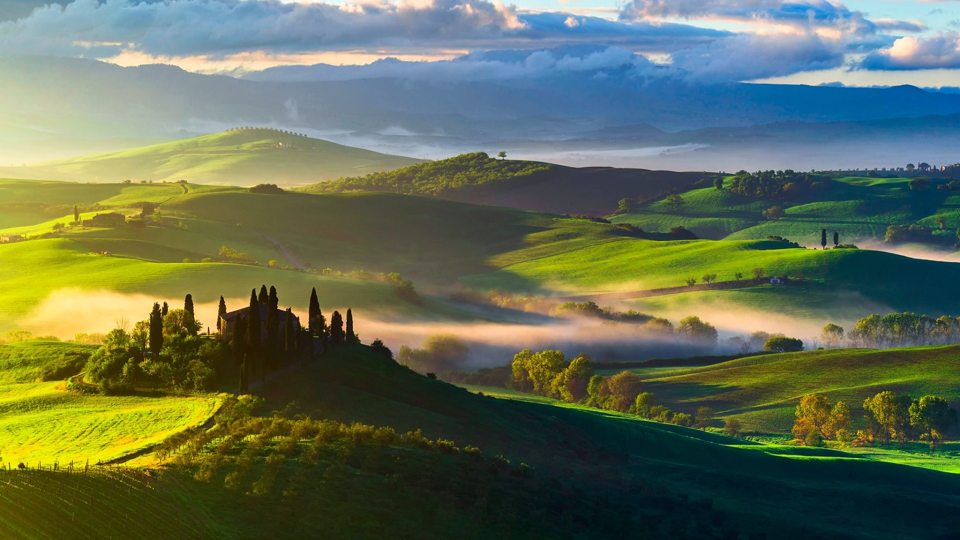 Val d'Orcia, Toscana, Colline, Nebbia, Cipressi, Full HD 1080p, sfondo desktop