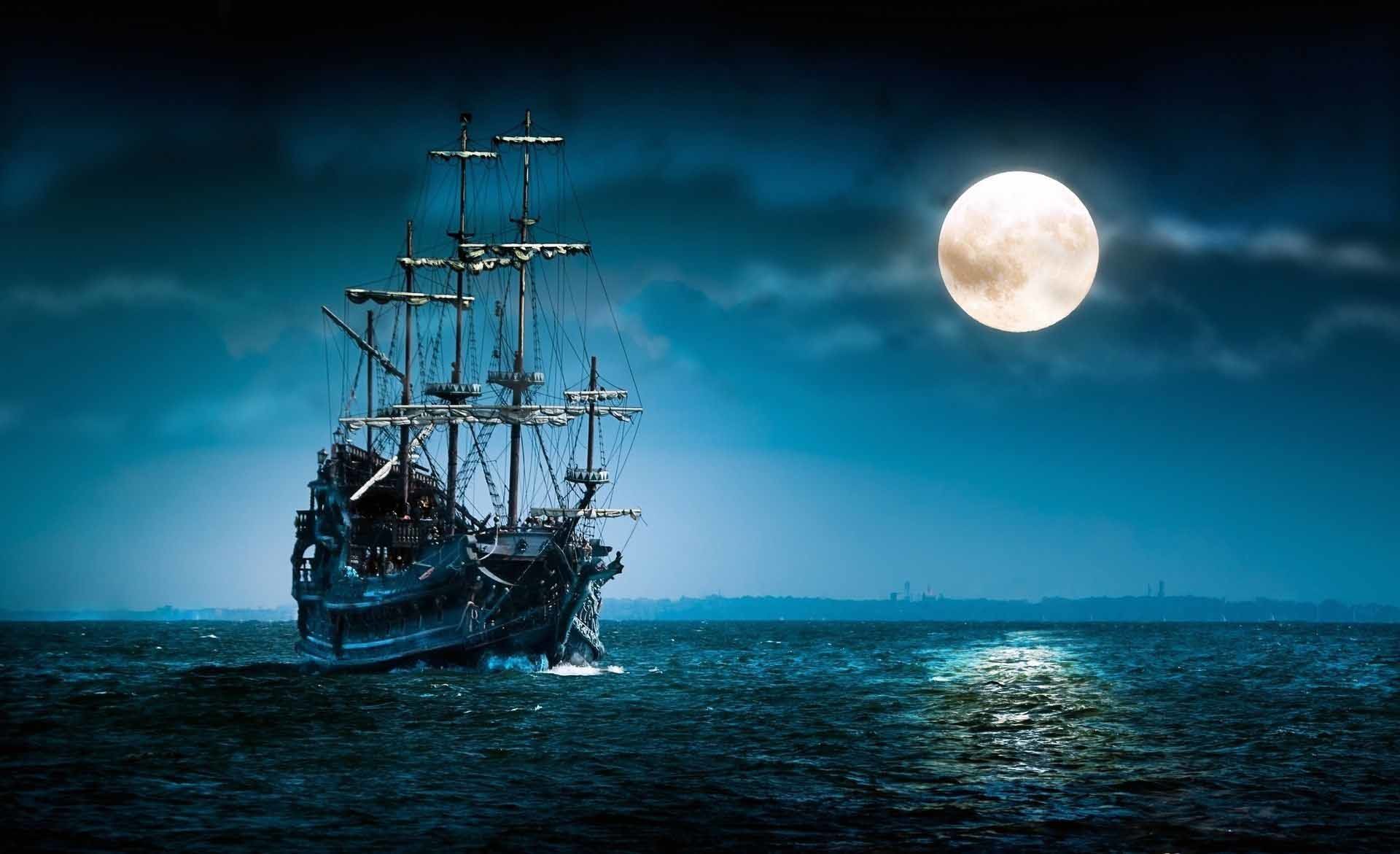 Veliero, Luna piena, Mare, Notte, Blu, Full HD, sfondo per portatile