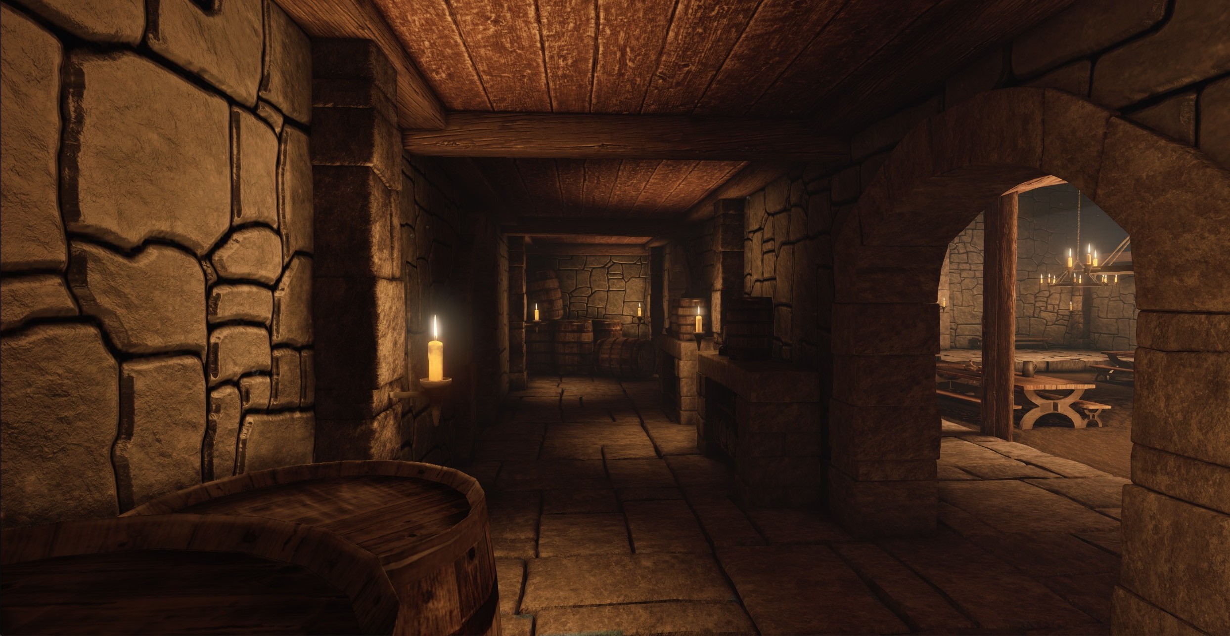 Taverna, Interno in pietra, Corridoio, Candela, Legno, Full HD, sfondo per PC