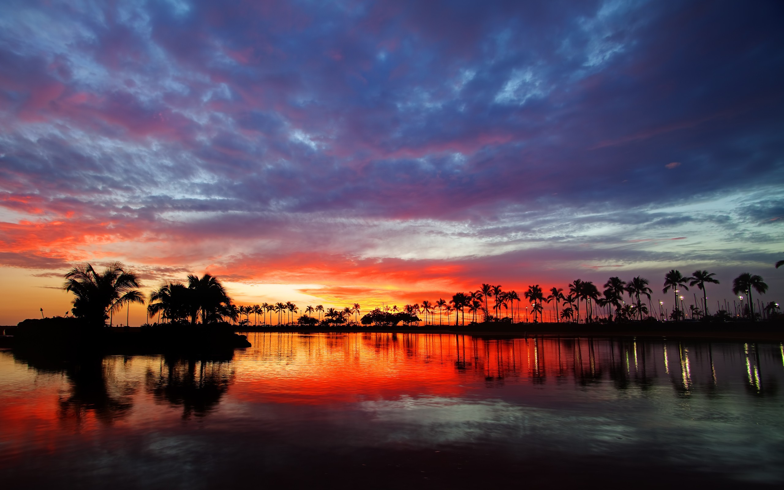 Hawaii, Tramonto, Palme, Silhouette, Cielo rosso, 2K, wallpaper desktop