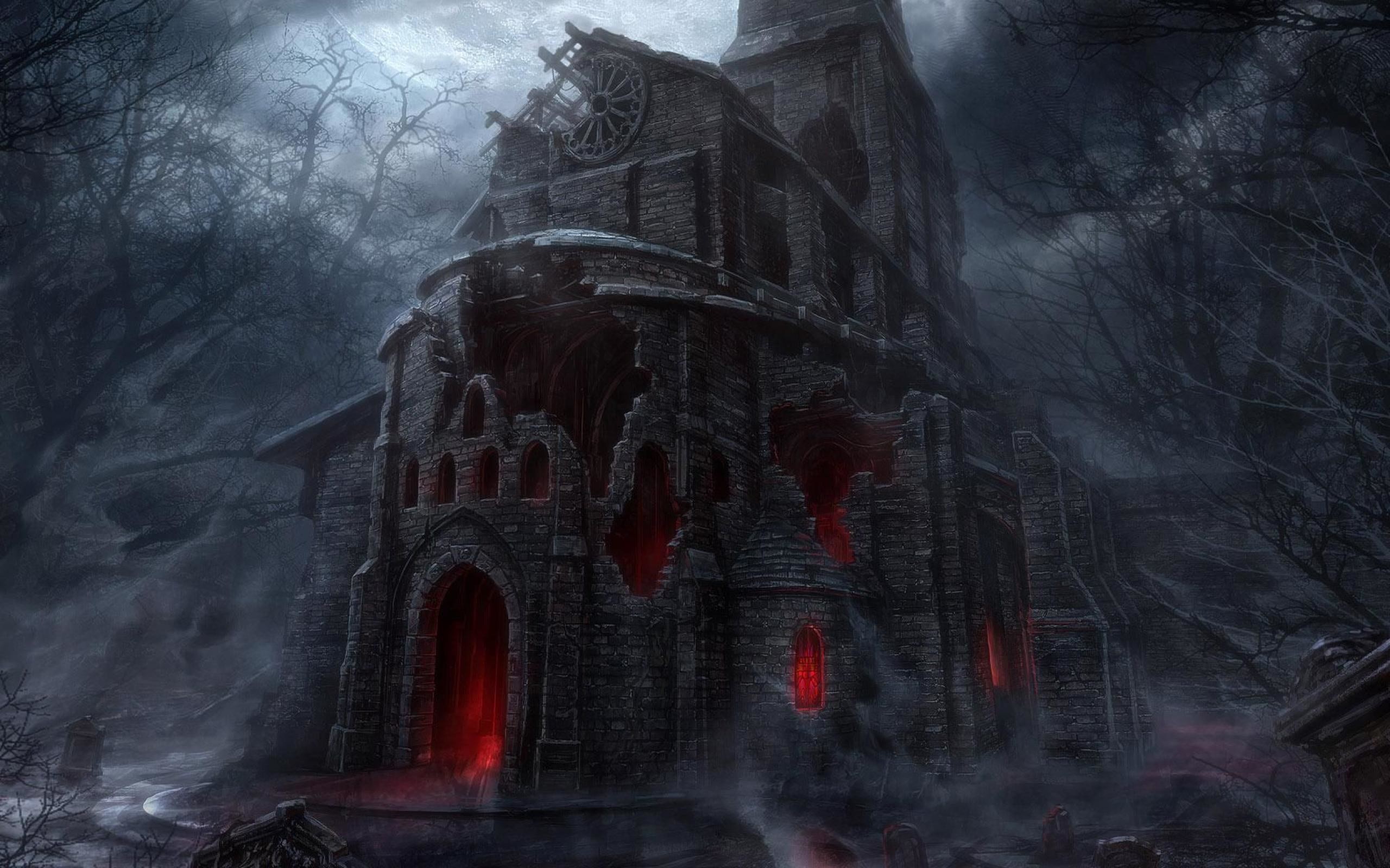Casa infestata, Notte, Nebbia, Rosso, 2K, sfondo per portatile