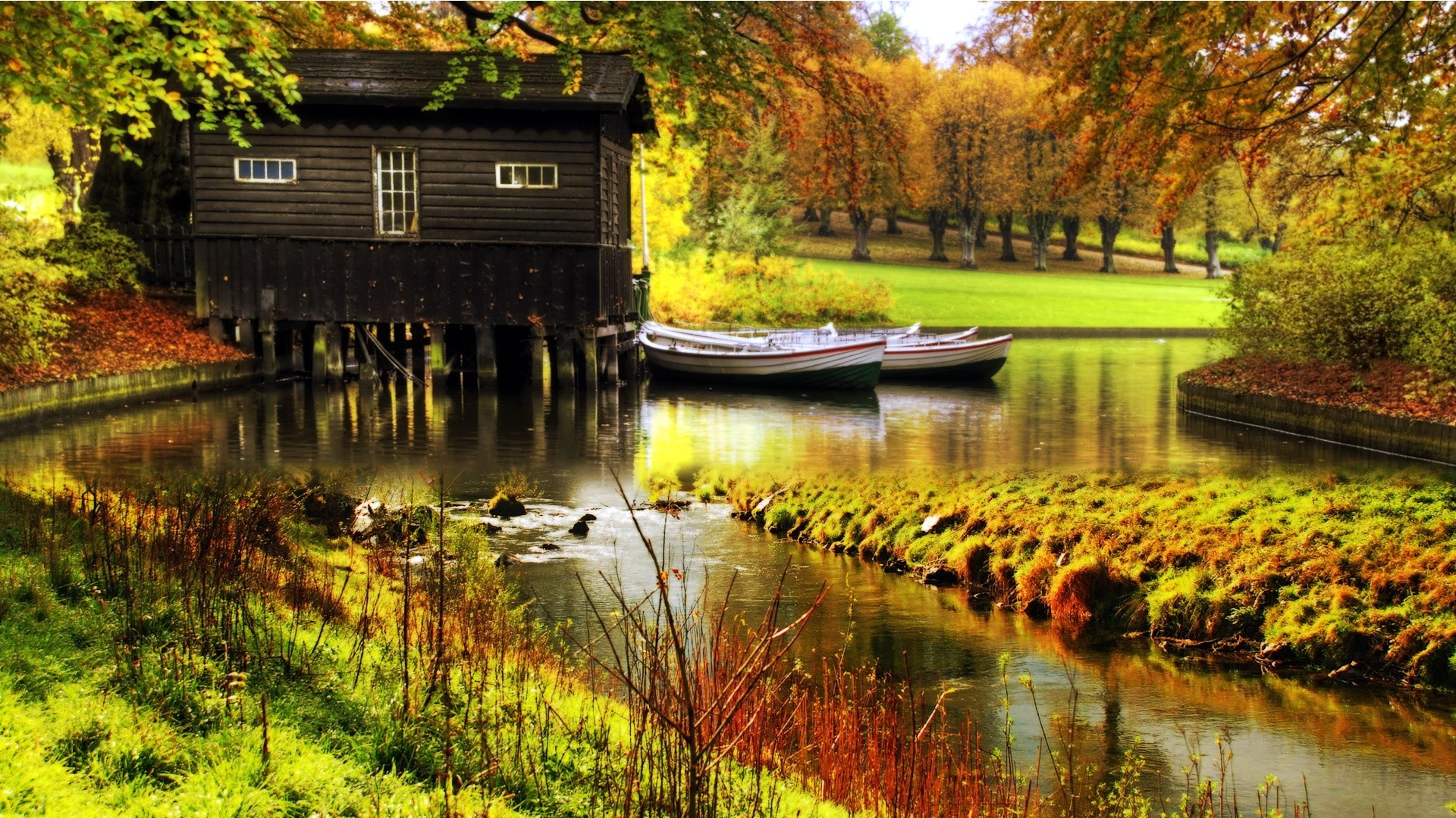 Casa sul lago, Barche, Autunno, Stagno, Full HD, sfondo per PC e portatile