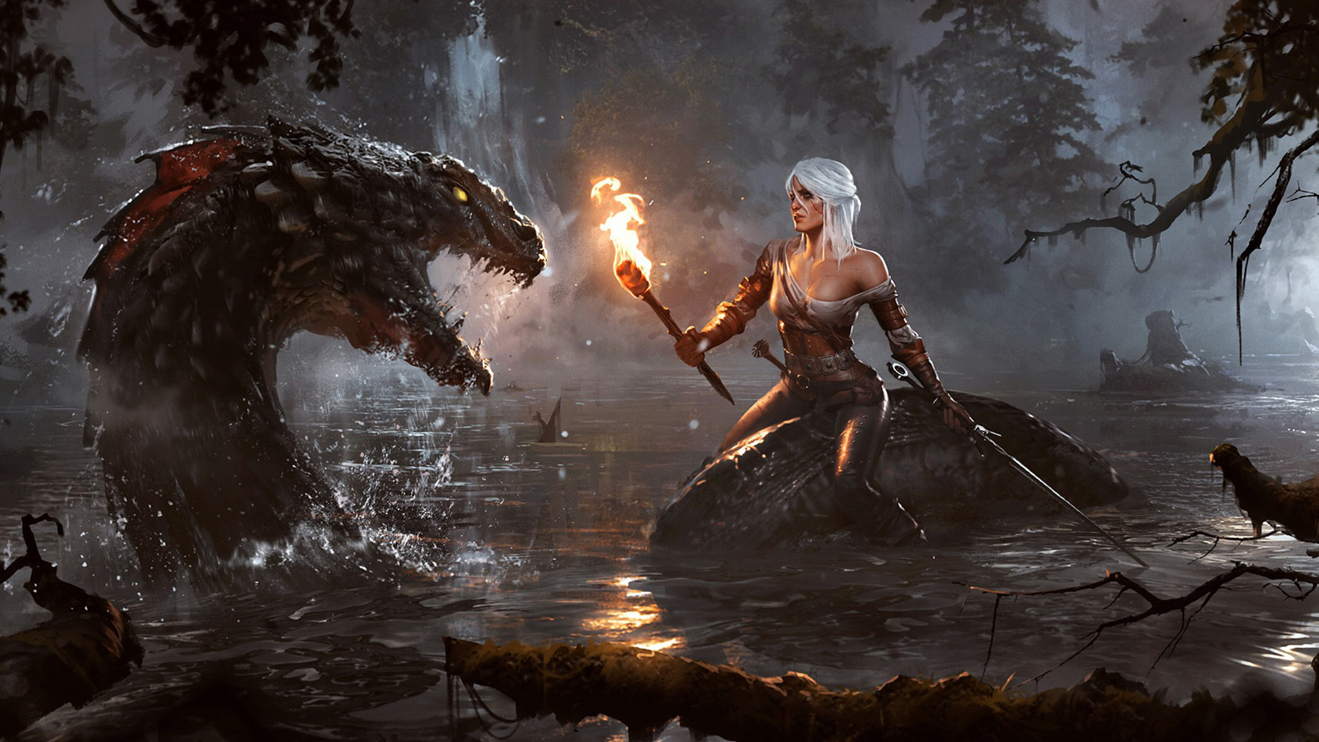 Ciri, The Witcher 3: Wild Hunt, Mostro, Torcia, Palude, Full HD, sfondo desktop