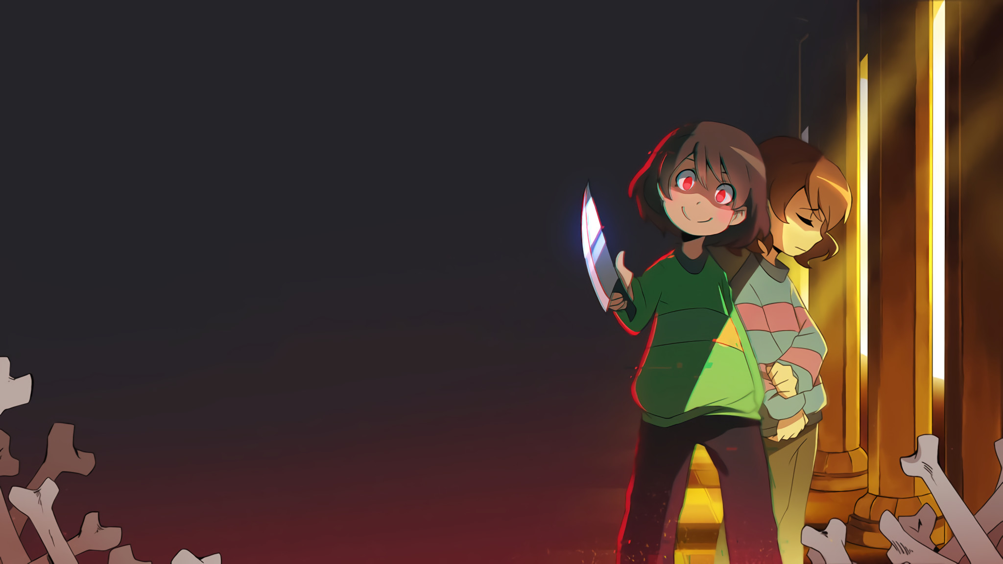 Chara, Frisk, Undertale, Coltello, Corridoio dorato, Full HD, sfondo per PC e portatile