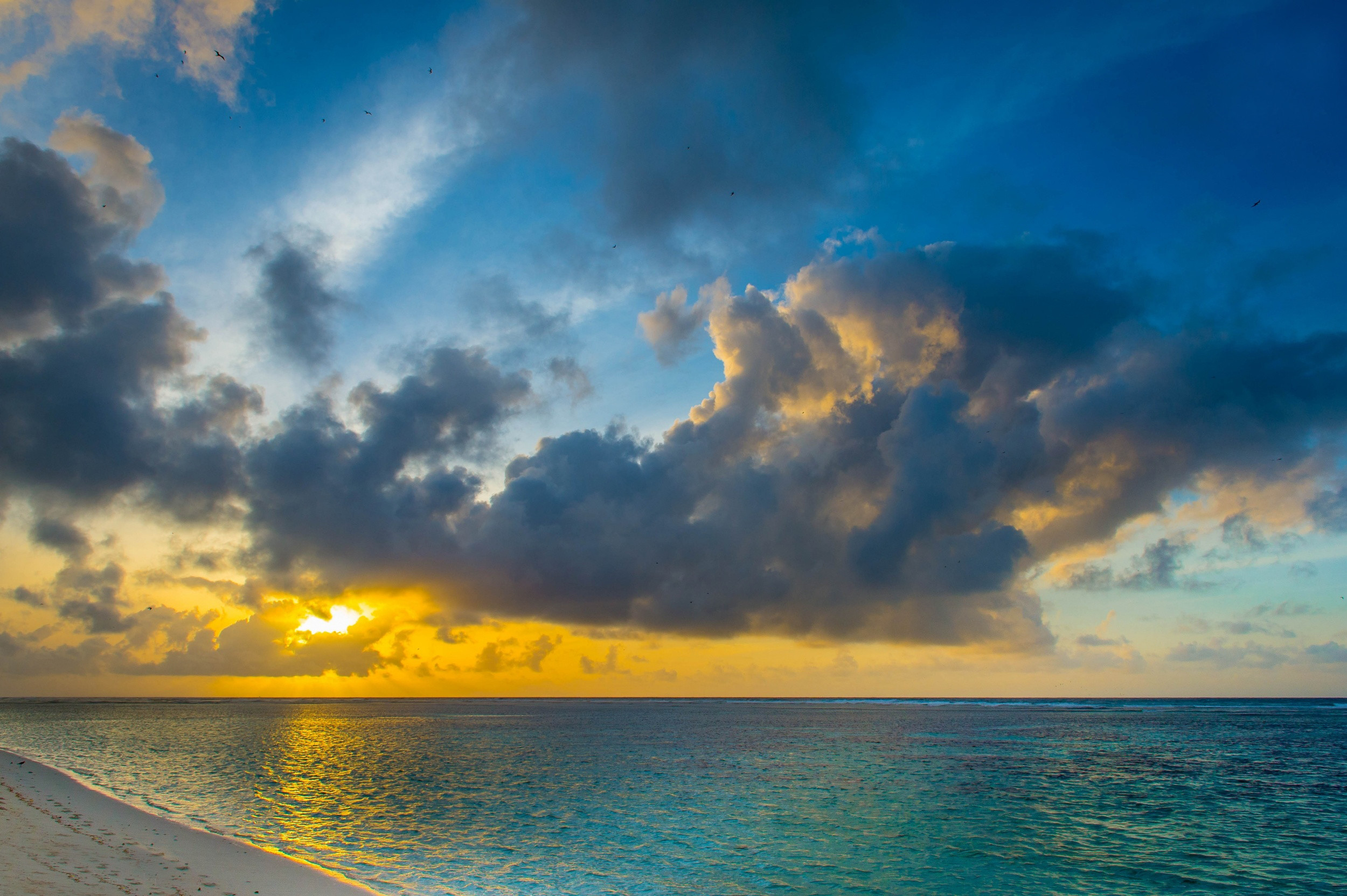 Mare, Spiaggia, Tramonto, Nuvole, Turchese, Full HD, sfondo per PC
