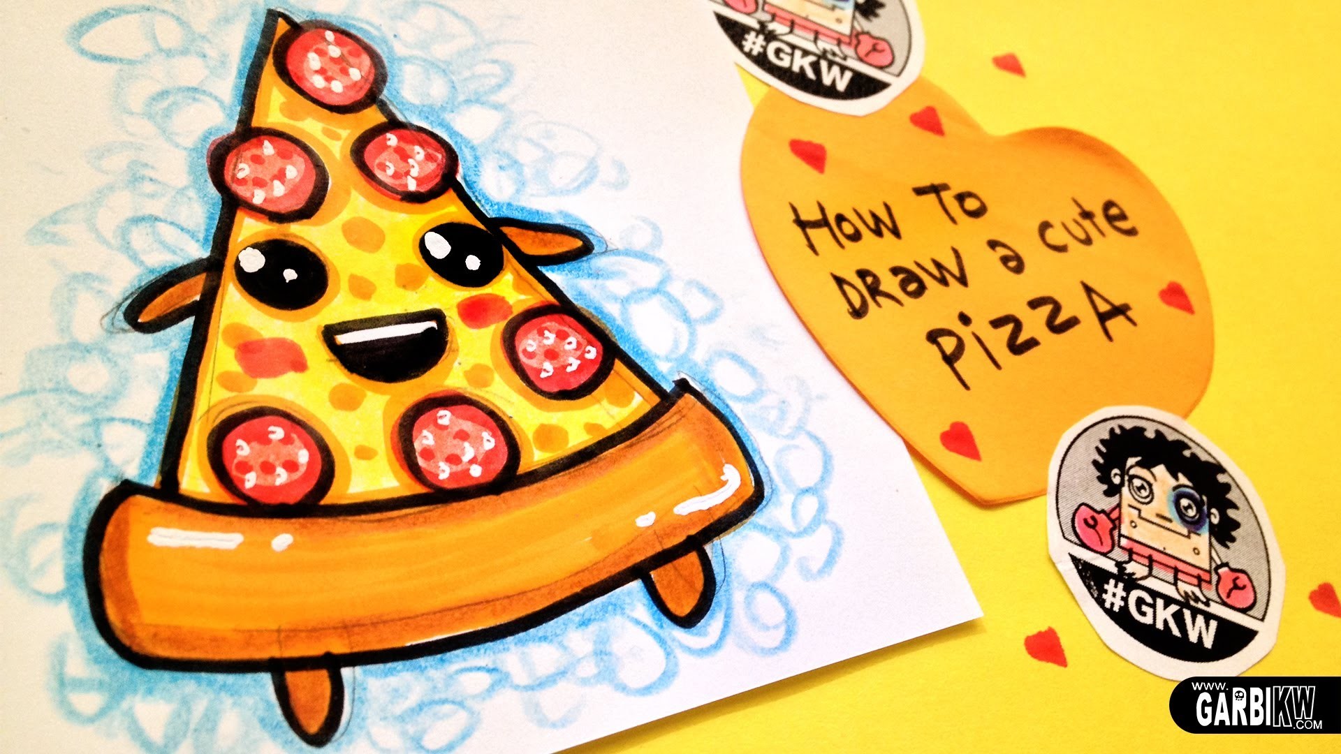 Garbi KW, How to Draw a Cute Pizza, Pizza, Kawaii, Sfondo giallo, wallpaper desktop Full HD