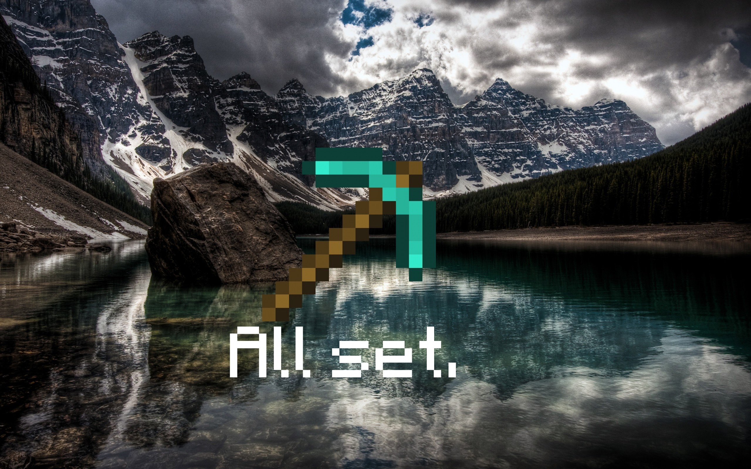 Minecraft, Piccone di diamante, Lago di montagna, Fotomontaggio, sfondo widescreen 2K