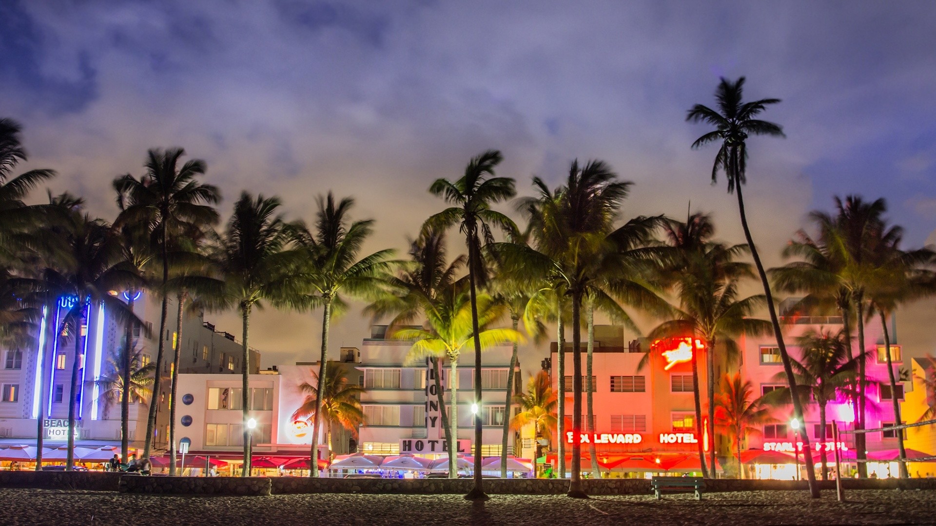 Ocean Drive, South Beach, Miami Beach, Palme, Art Deco, Neon, Full HD, wallpaper per portatile