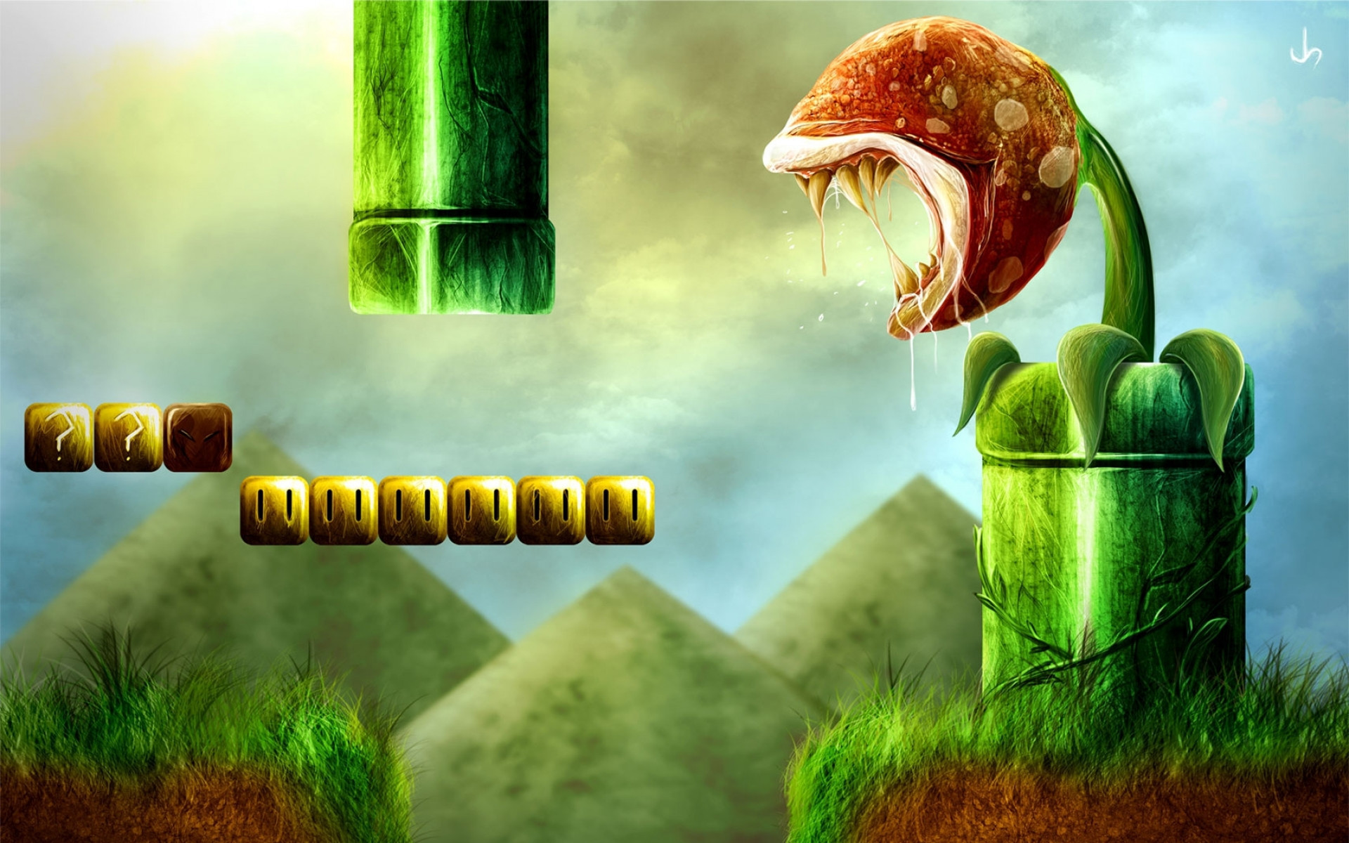 Super Mario Bros., Pianta Piranha, Tubo verde, Blocchi, 1920x1200, immagine di sfondo