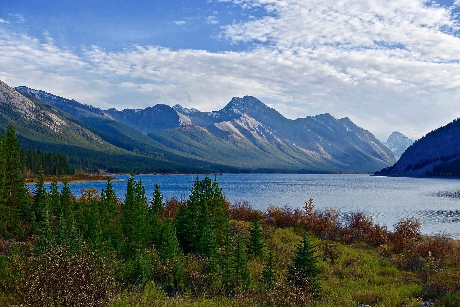 Lago Spray, Canada, Montagne, Abeti, Lago, Full HD, sfondo desktop