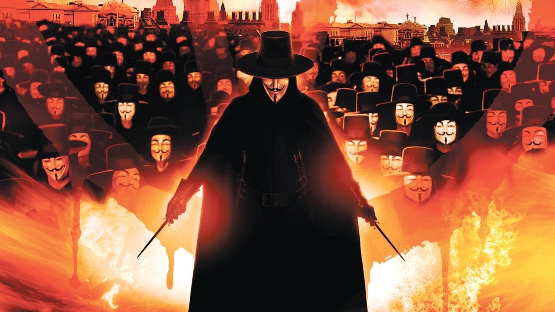 V per Vendetta, V, Folla mascherata, Fiamme, Pugnali, 16:9 Full HD, sfondo widescreen