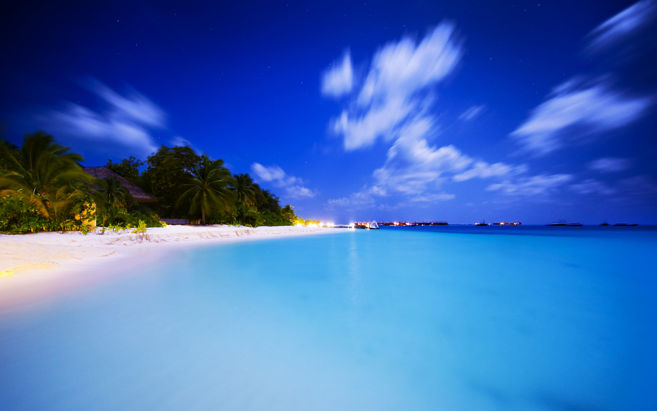 Spiaggia tropicale, Laguna, Palme, Cielo blu, Nuvole, 2560x1600, immagine di sfondo