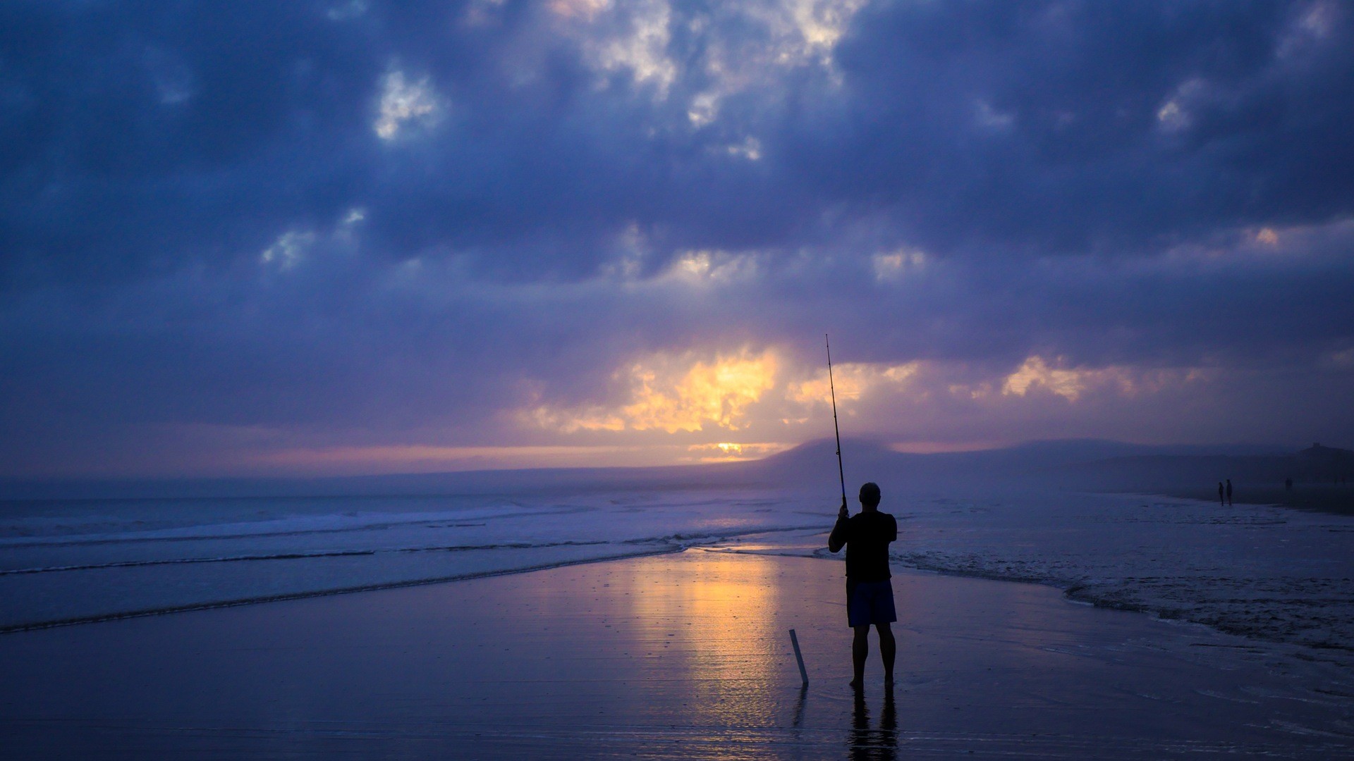 Pescatore, Silhouette, Nuvole, Crepuscolo, Spiaggia, Full HD, wallpaper per computer