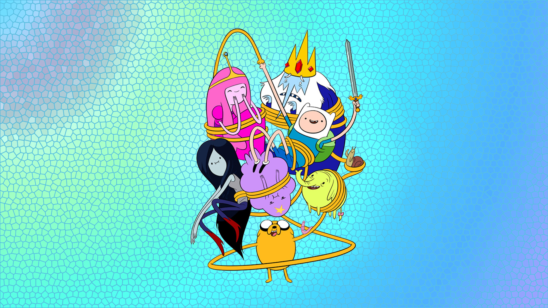 Adventure Time, Principessa Gommarosa, Finn, Re Ghiaccio, Mosaico, sfondo Windows 11