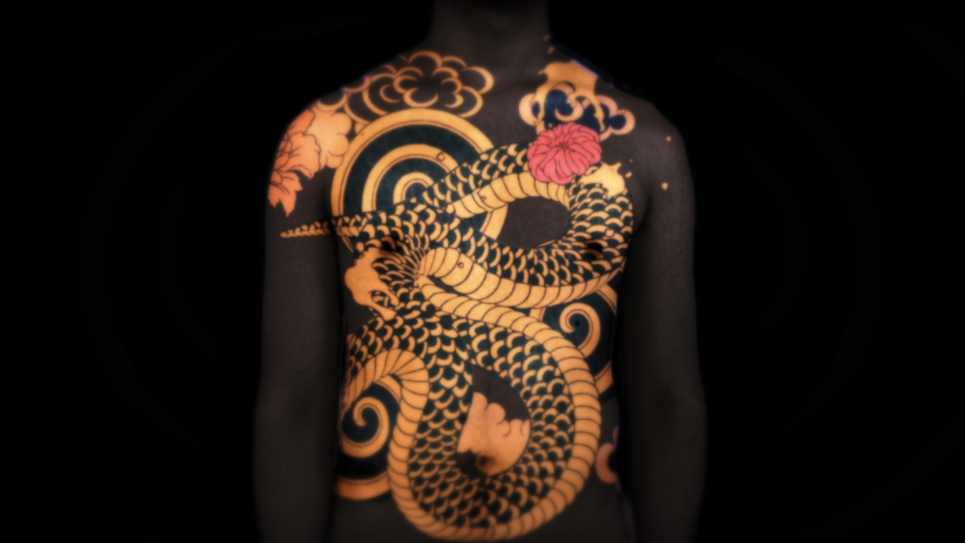 Drago, Tatuaggio giapponese, Schiena tatuata, Arancione, 16:9 Full HD, sfondo widescreen