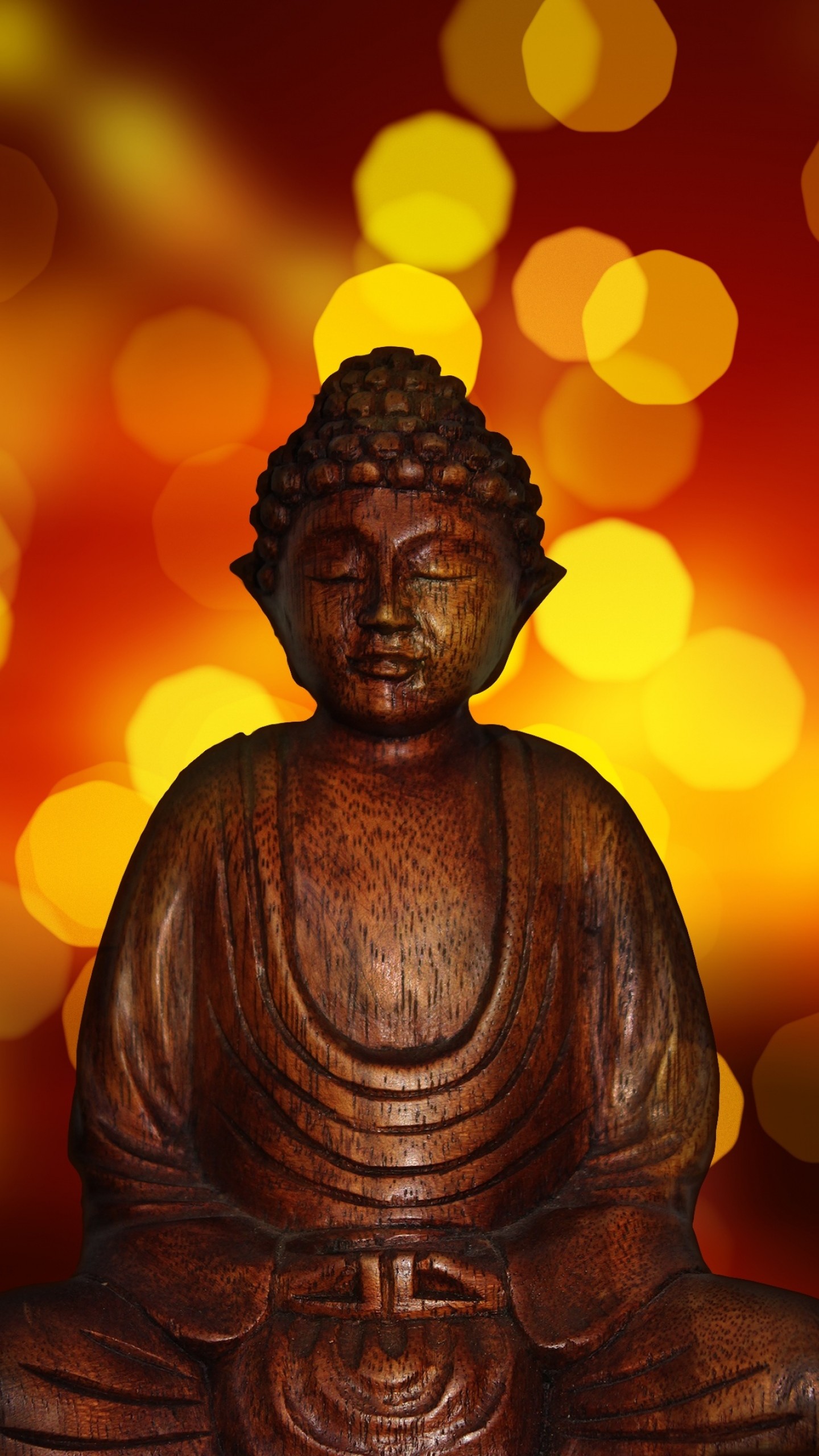 Buddha, Statua in legno, Bokeh, QHD+, sfondo per iPhone e Android
