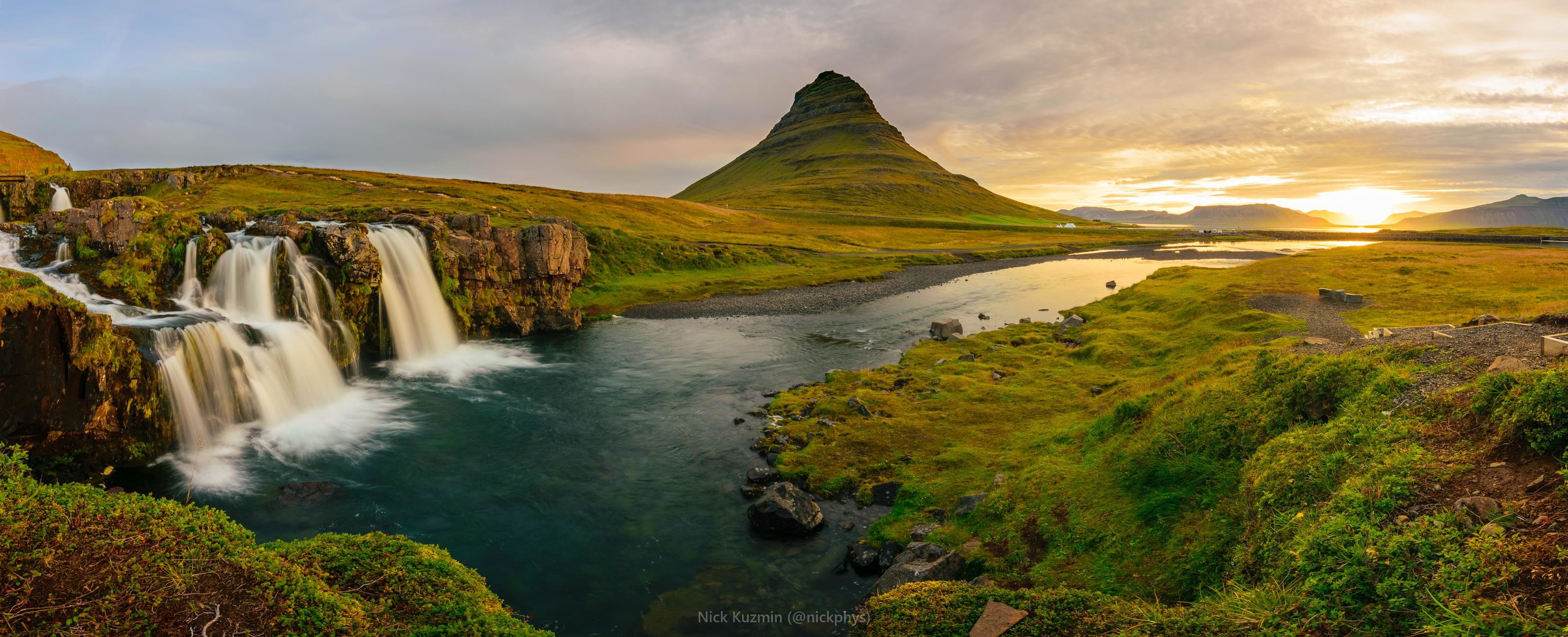 Kirkjufell, Kirkjufellsfoss, Islanda, Cascata, Tramonto, 2K, wallpaper desktop