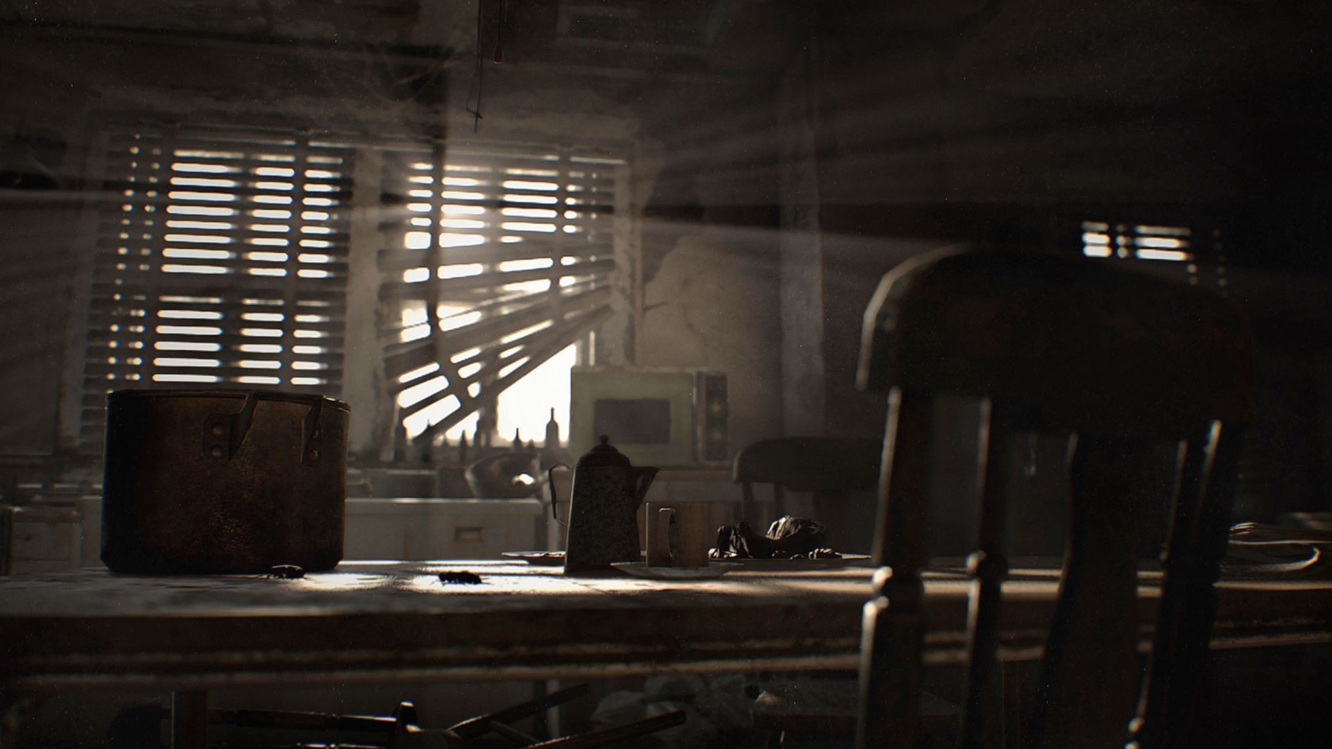 Resident Evil 7: Biohazard, Cucina, Luce dalla finestra, Sedia, Horror, wallpaper desktop Full HD