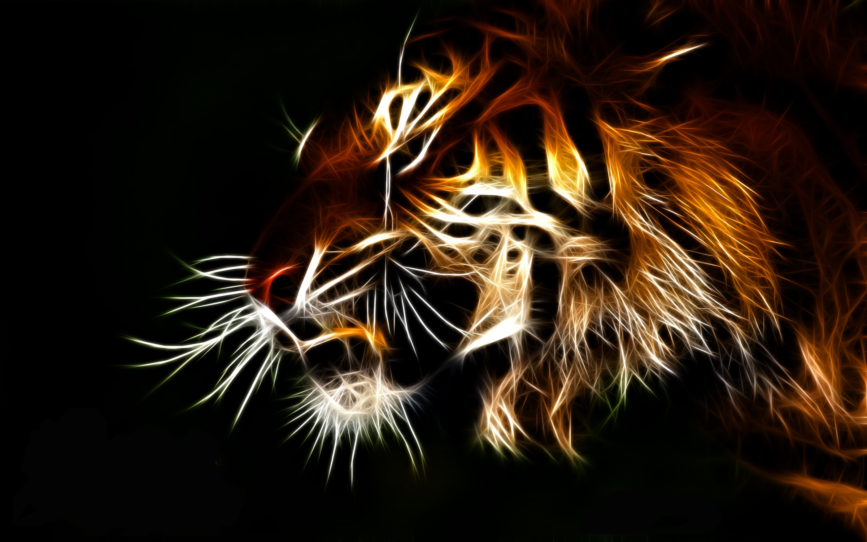 Tigre, Arte frattale, Ringhio, Sfondo nero, 2K, wallpaper per computer