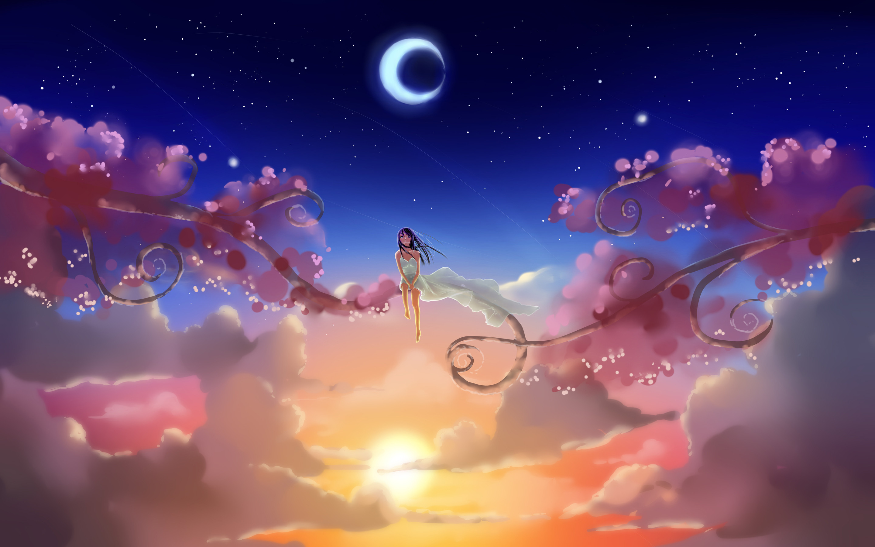 Ragazza, Luna crescente, Nuvole rosa, Tramonto, Anime, Fantasy, 2K, sfondo Windows 11
