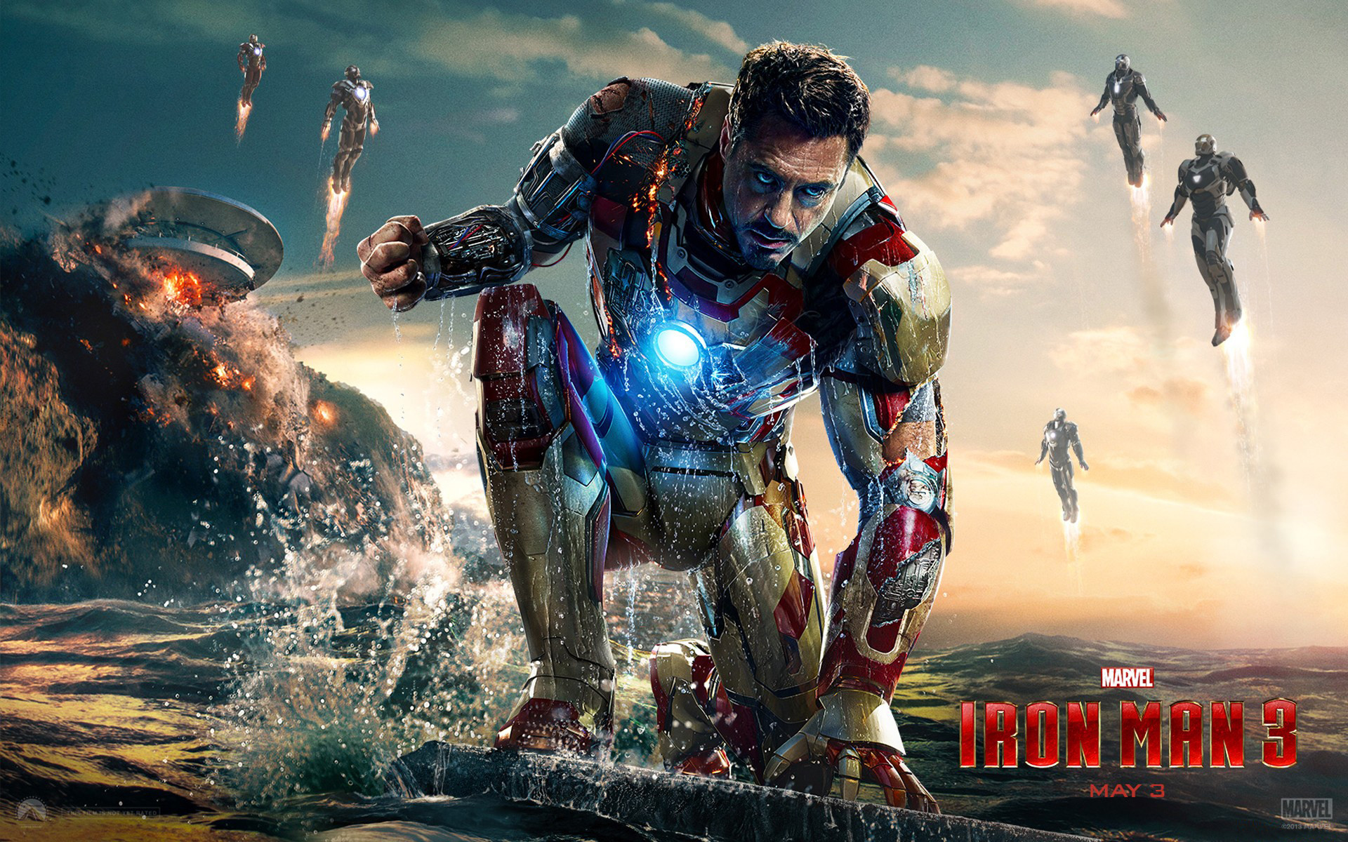Tony Stark, Robert Downey Jr., Iron Man 3, Locandina, Armature, 16:10 Full HD, sfondo widescreen