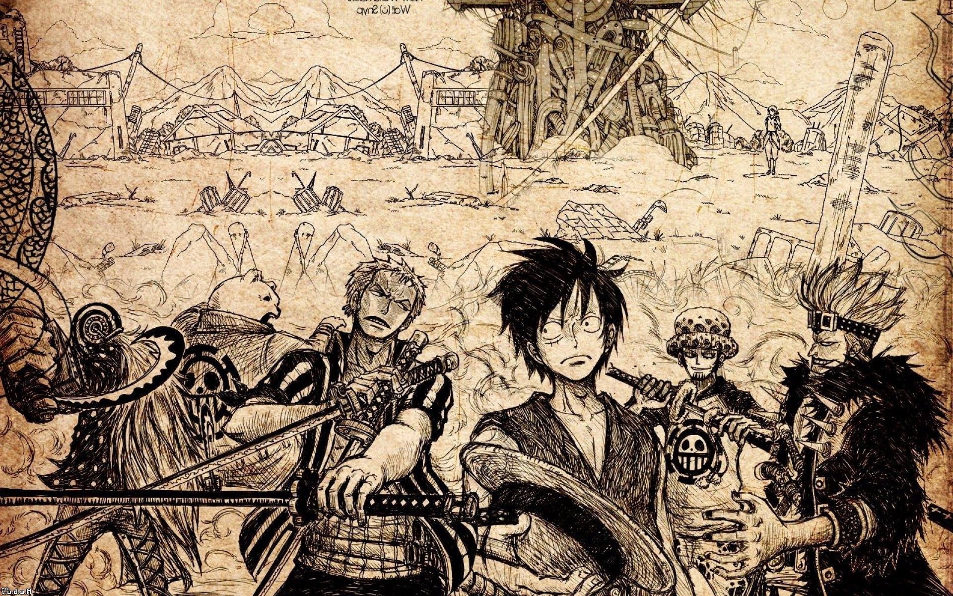 Trafalgar Law, Monkey D. Luffy, Roronoa Zoro, Manga, Seppia, 16:10 Full HD, sfondo widescreen