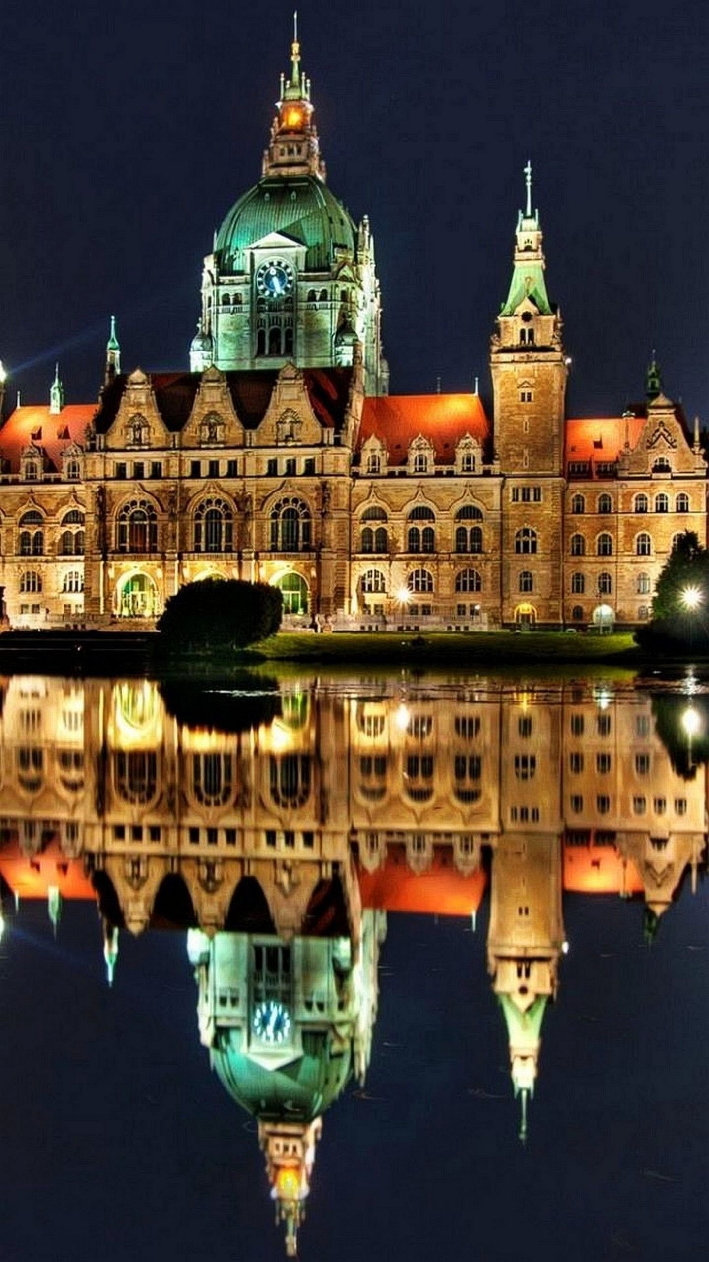 Nuovo Municipio di Hannover, Hannover, Germania, Notte, Riflesso, sfondo Samsung Galaxy QHD+