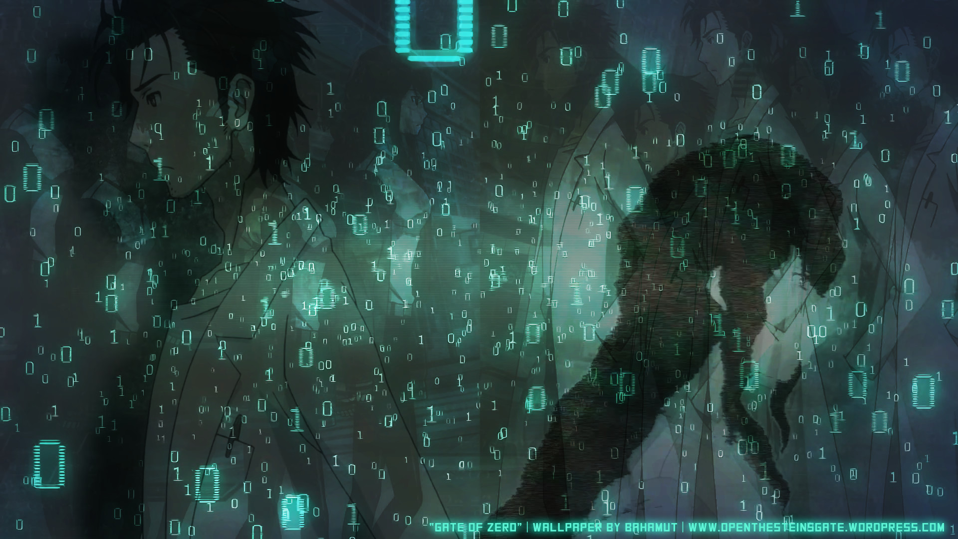 Steins;Gate 0, Rintaro Okabe, Codice binario, Verde acqua, Full HD, sfondo desktop