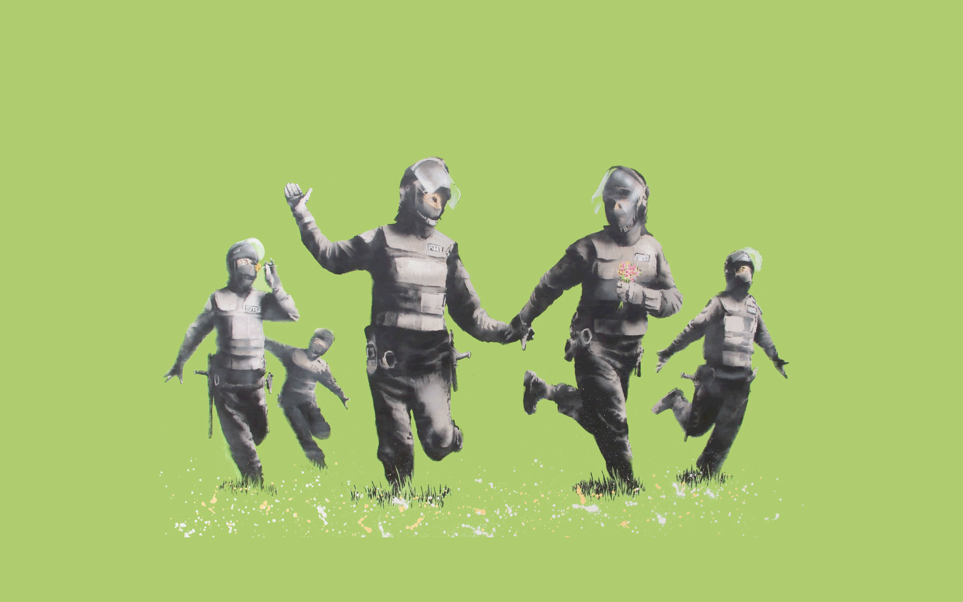 Banksy, Poliziotti, Bambini, Sfondo verde, Full HD, wallpaper per computer
