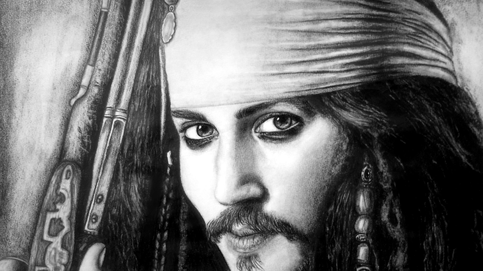 Jack Sparrow, Johnny Depp, Disegno a matita, Bianco e nero, Full HD, sfondo desktop