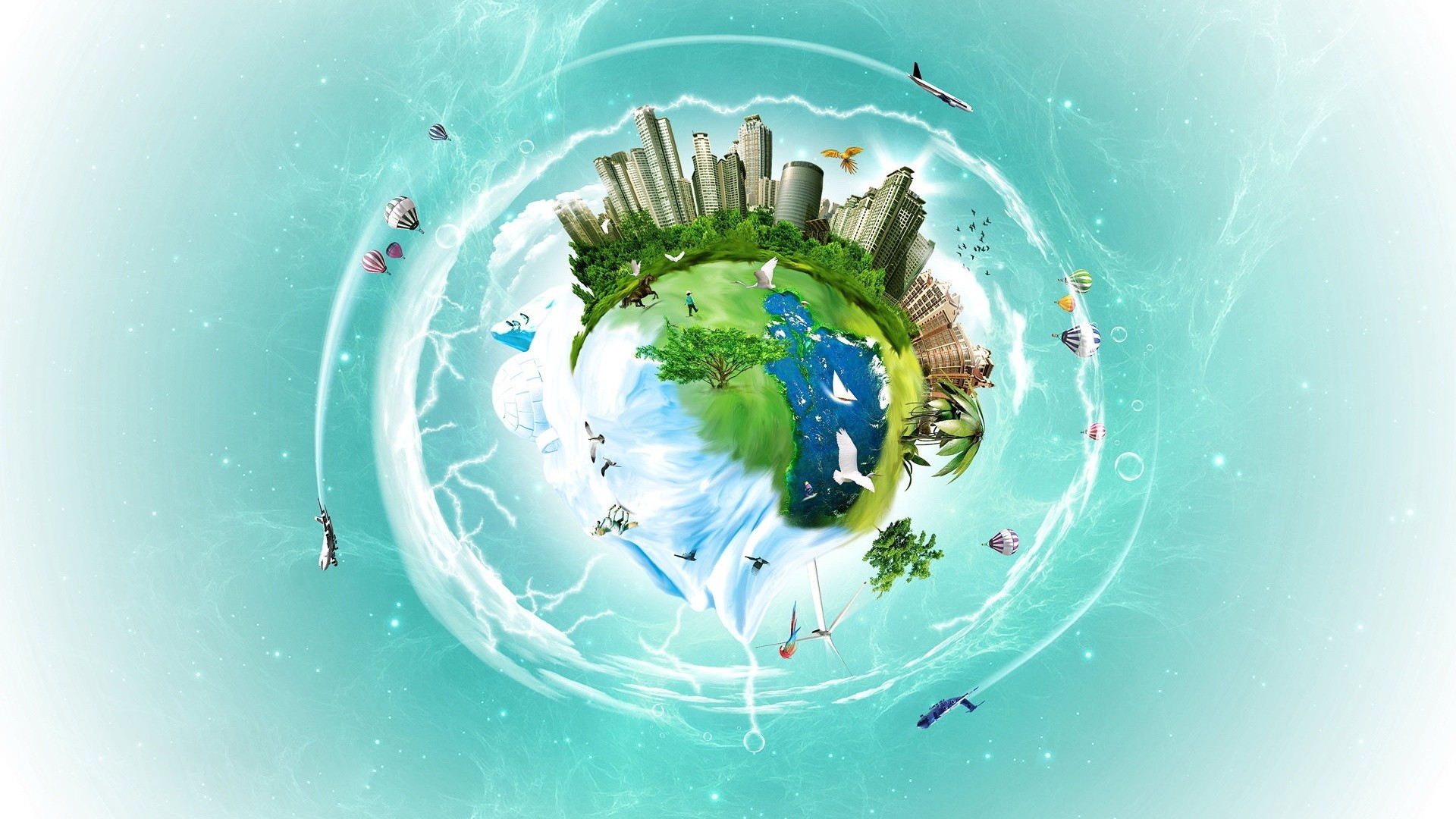Terra, Pianeta, Città, Arte digitale, Turchese, Full HD, sfondo Windows 11