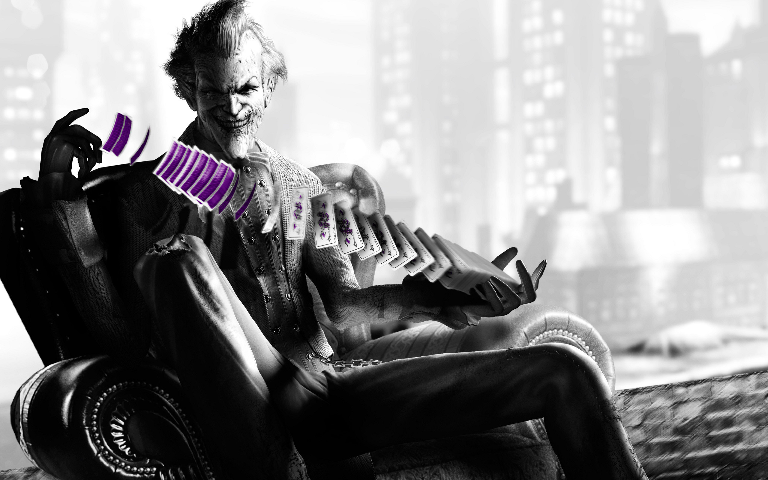 Joker, Batman: Arkham City, Poltrona, Bianco e nero, 2K, sfondo Windows 11