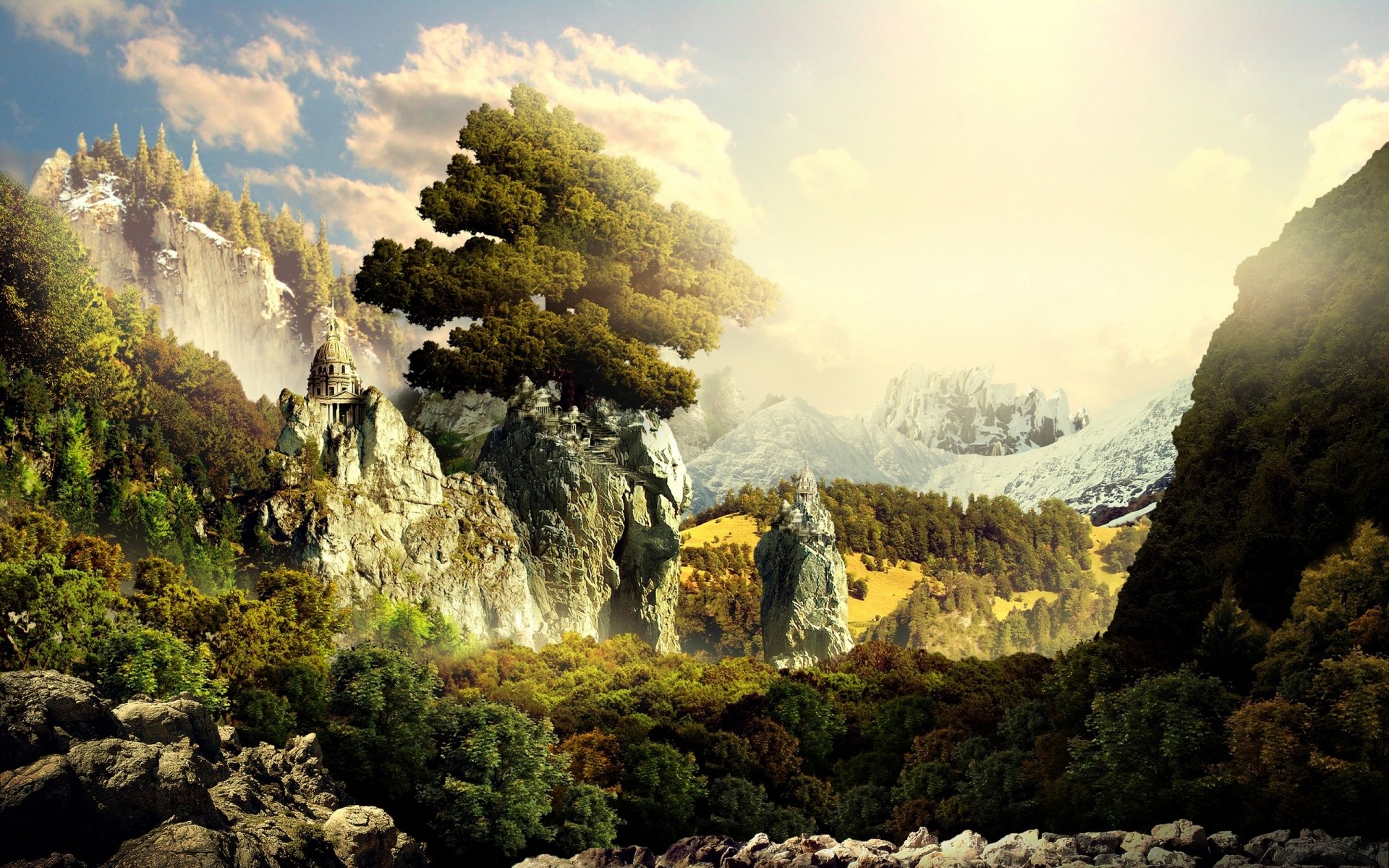 Paesaggio fantasy, Albero, Montagne, Rocce, Luce del sole, 16:10 Full HD, wallpaper widescreen