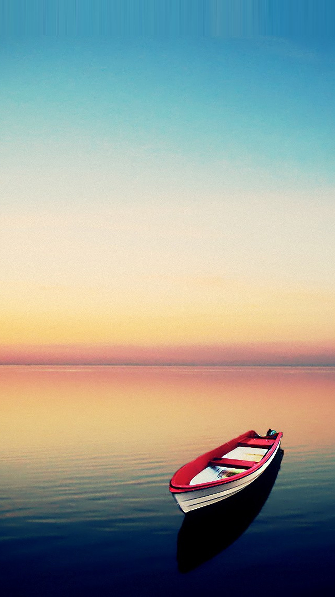 Barca rossa, Mare calmo, Tramonto, Minimalismo, Full HD, wallpaper per smartphone