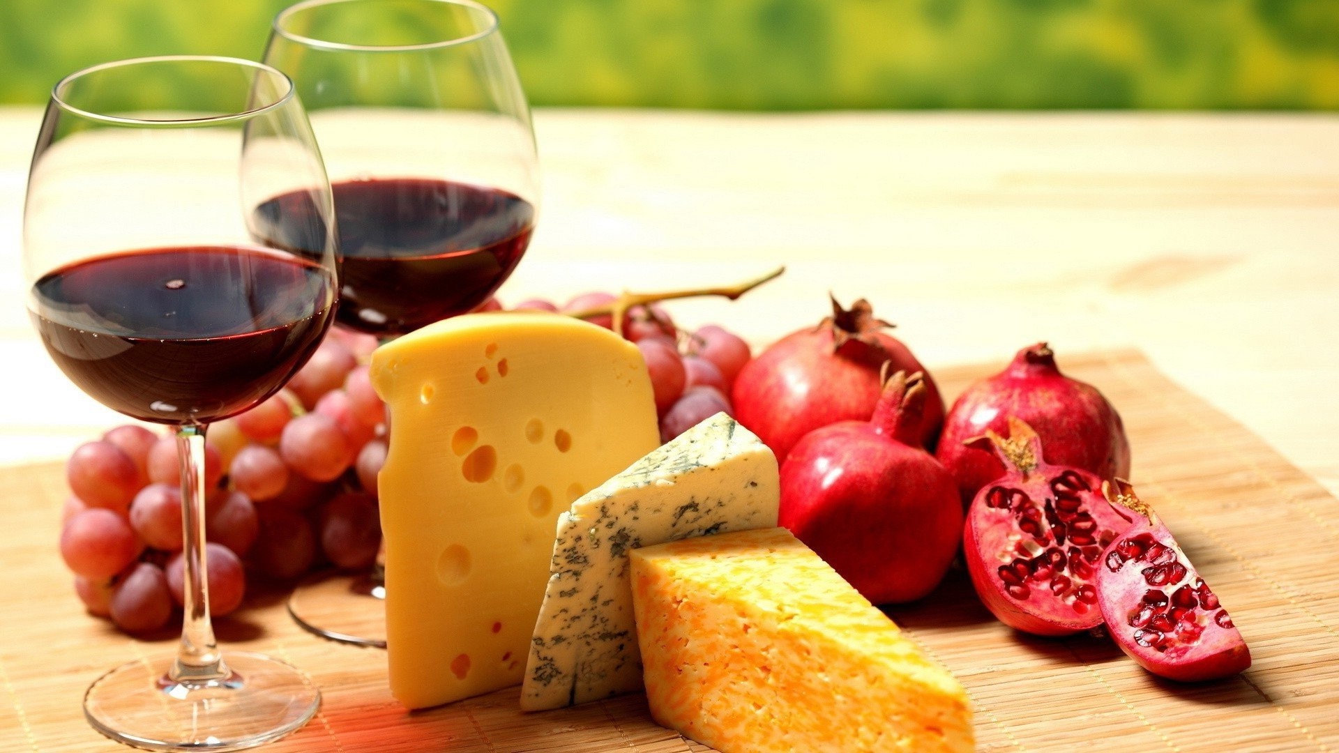 Vino rosso, Formaggi, Uva, Melograno, Calici, Full HD 1080p, sfondo desktop