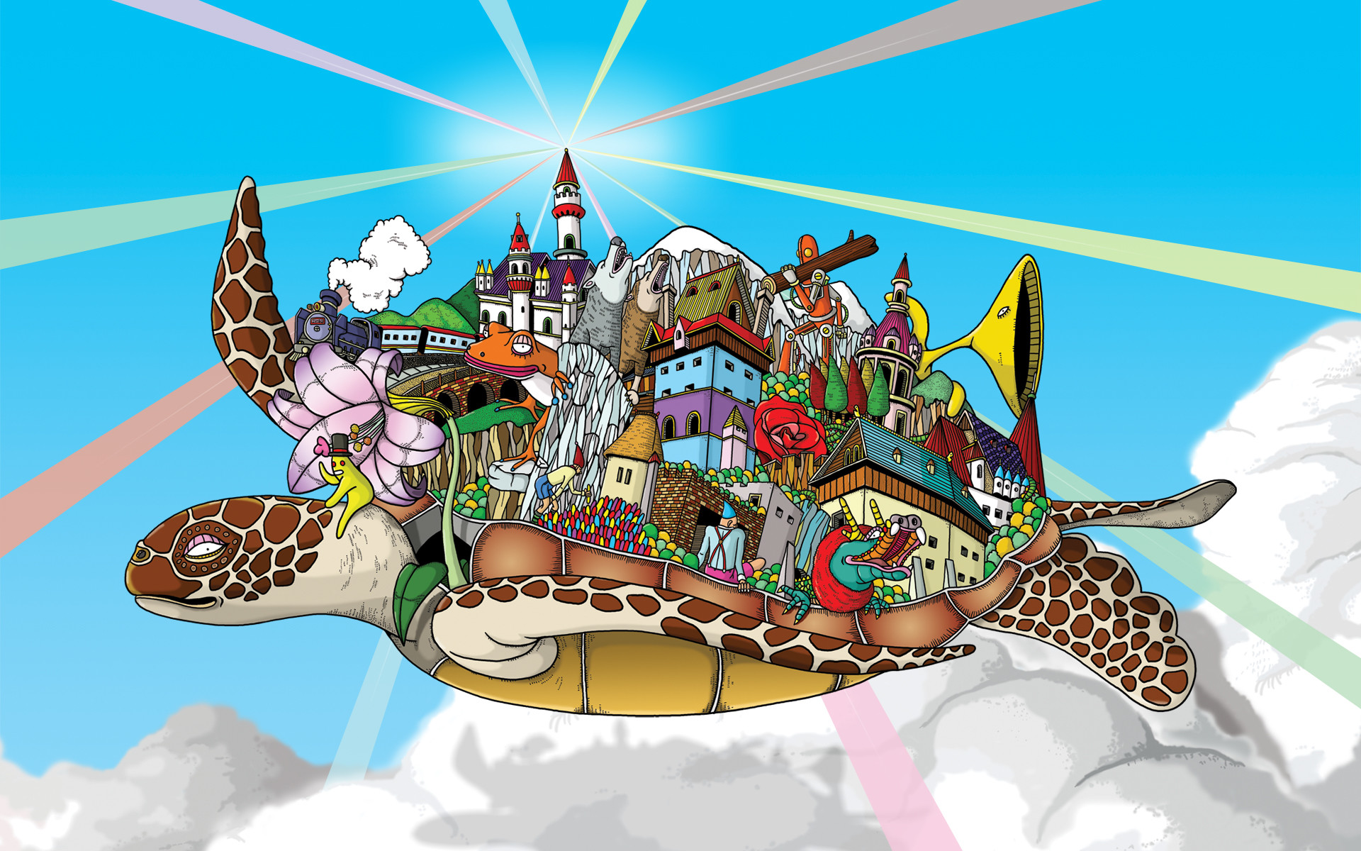 Tartaruga, Città fantastica, Illustrazione, Nuvole, Colorato, Full HD, sfondo Windows 10