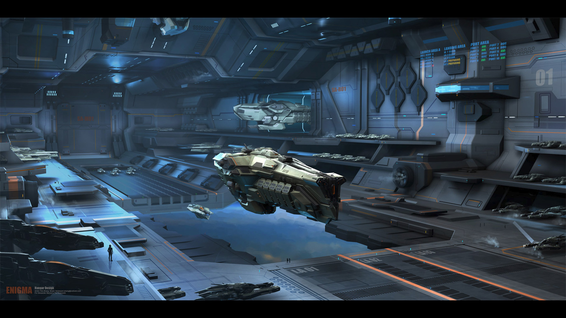 Hangar, Astronave, Interno futuristico, Fantascienza, Full HD, sfondo desktop