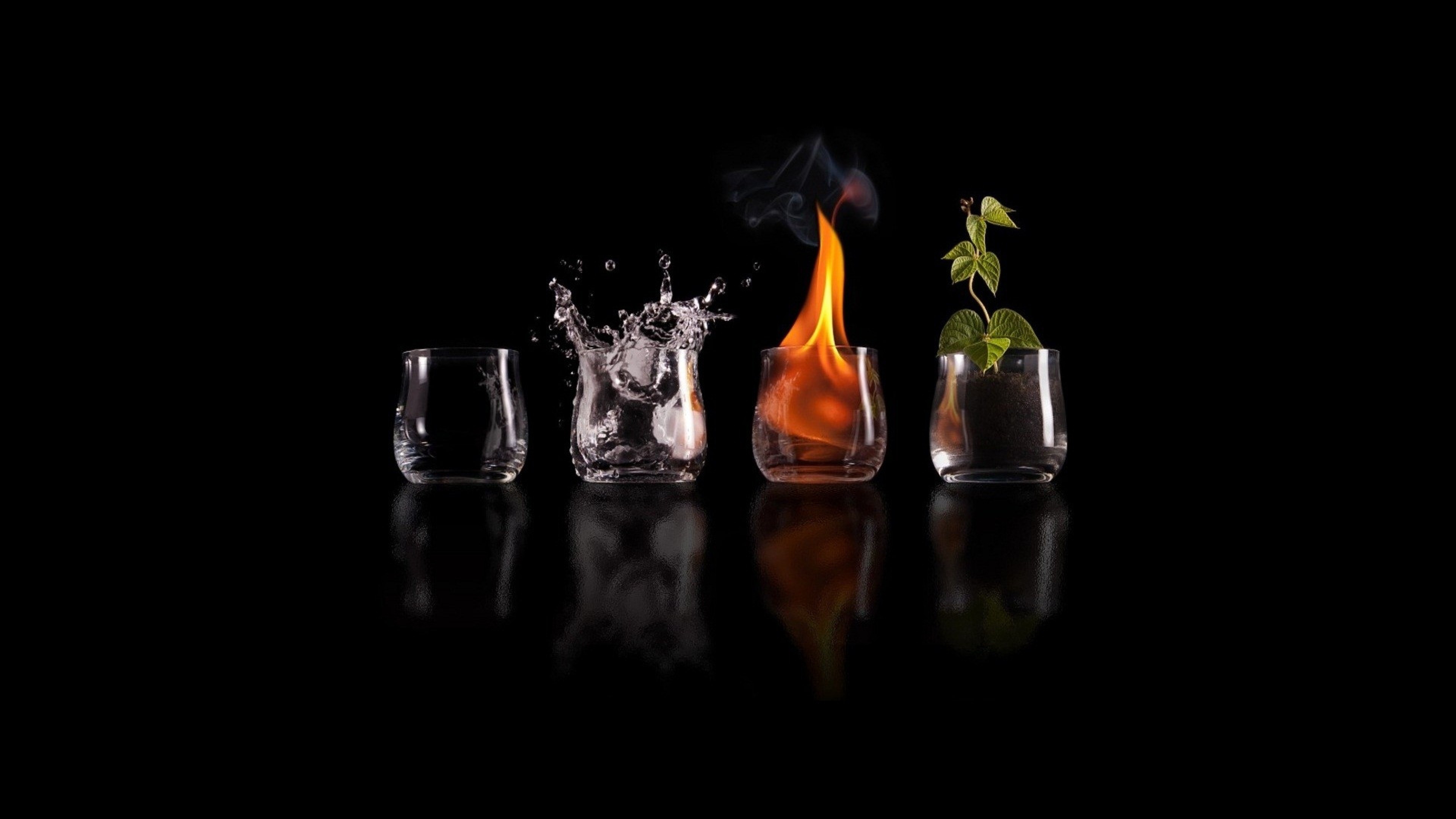 Quattro elementi, Acqua, Fuoco, Bicchieri, Sfondo nero, wallpaper per desktop