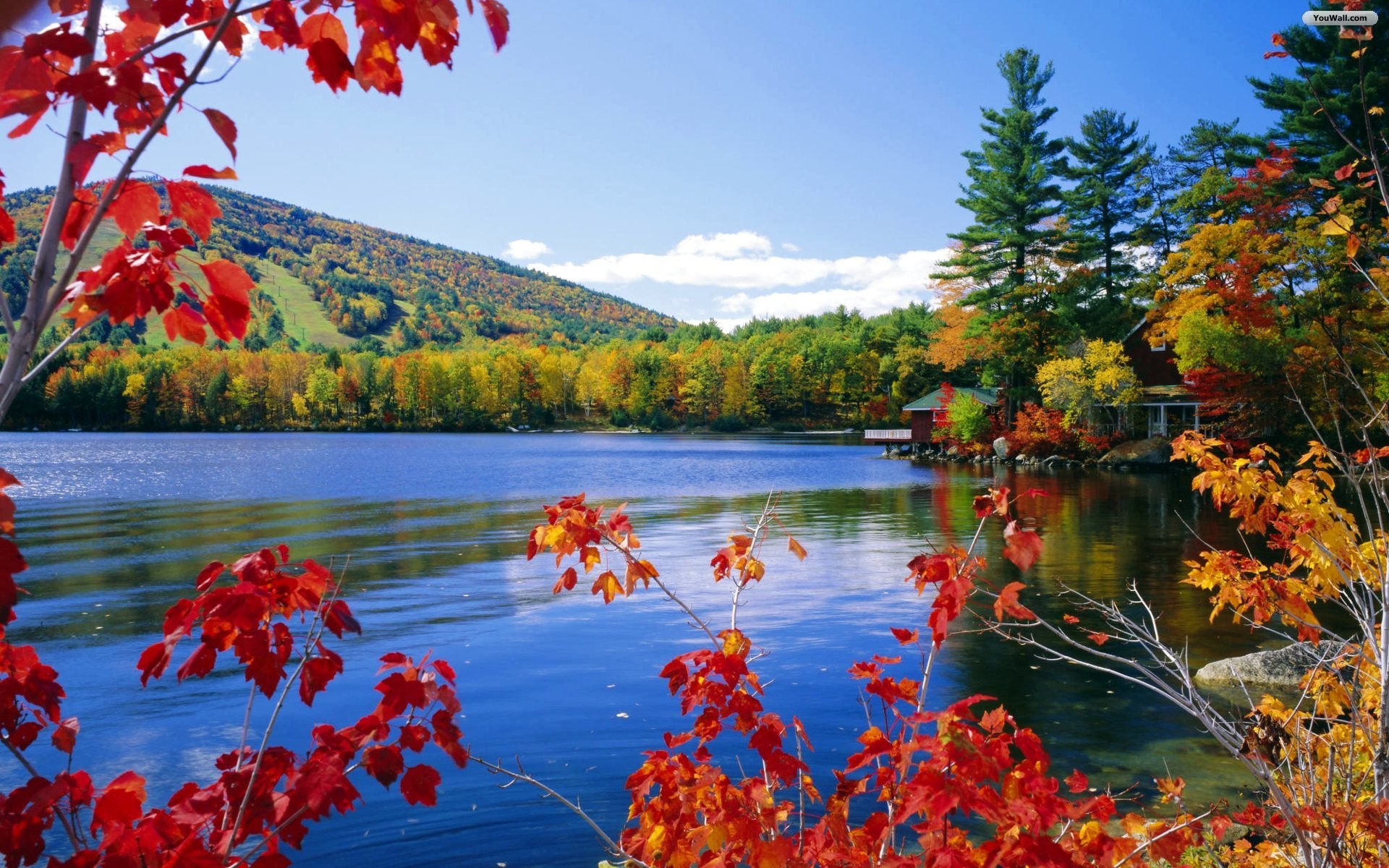 Lago, Foglie rosse, Colline, Cielo azzurro, Full HD, wallpaper desktop