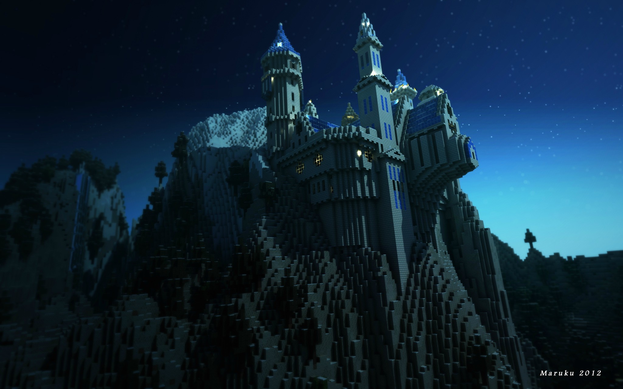 Minecraft, Castello, Montagna, Notte, Costruzione, 2048x1280, sfondo MacBook Pro