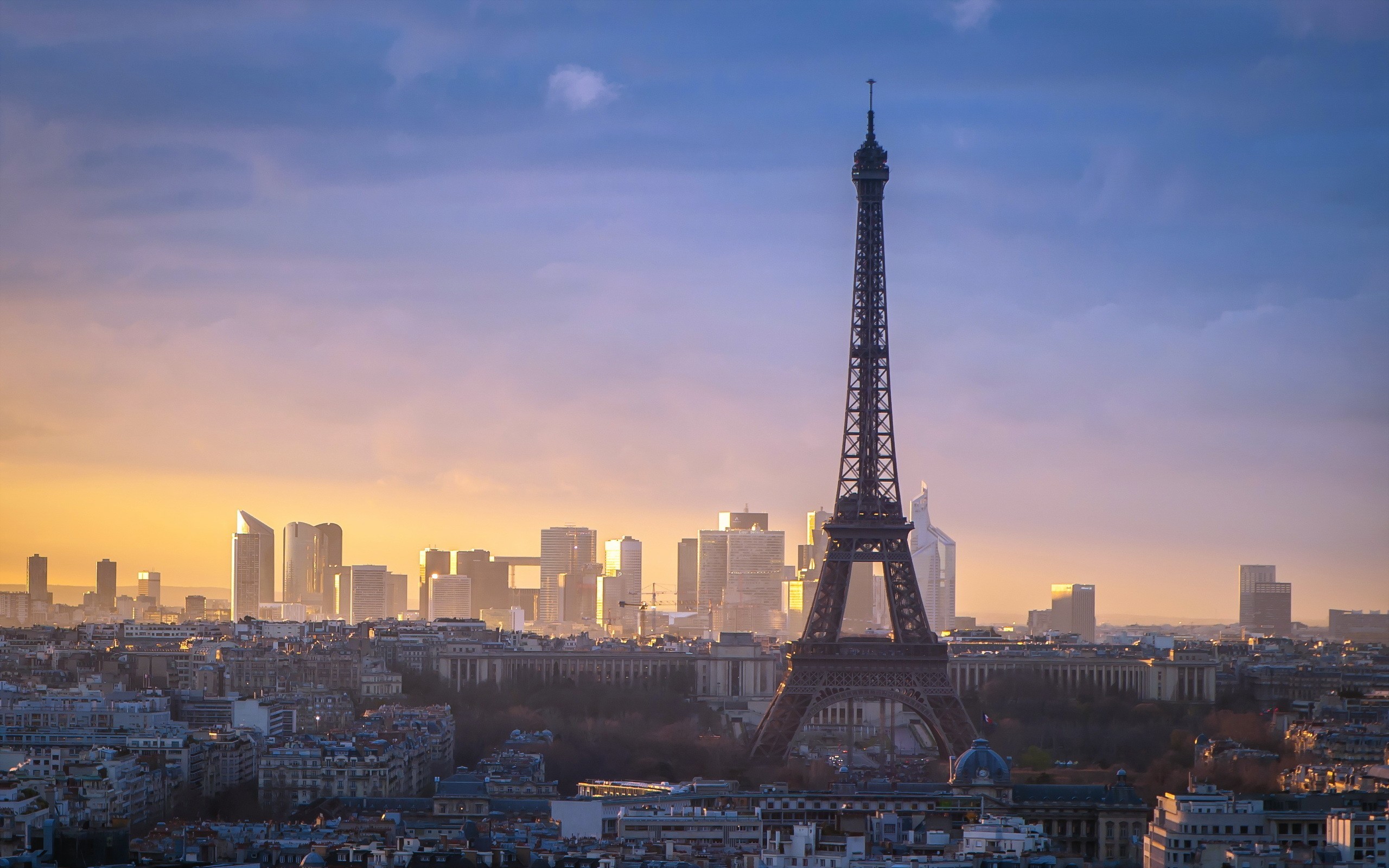 Torre Eiffel, La Défense, Parigi, Tramonto, 2560x1600, sfondo MacBook Pro